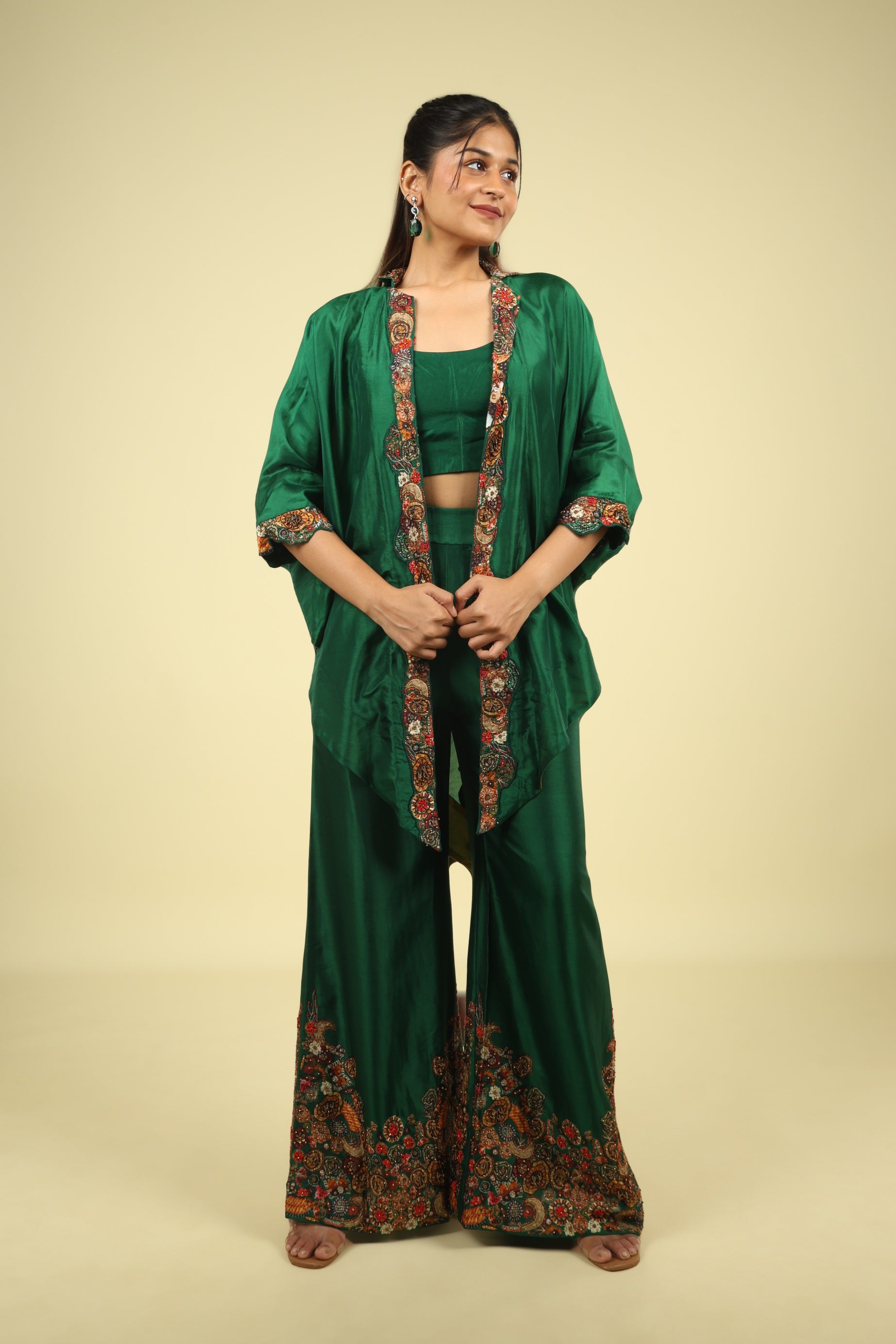 Green Silk Co-Ord Set with Placement Print & Metallic Embroidery