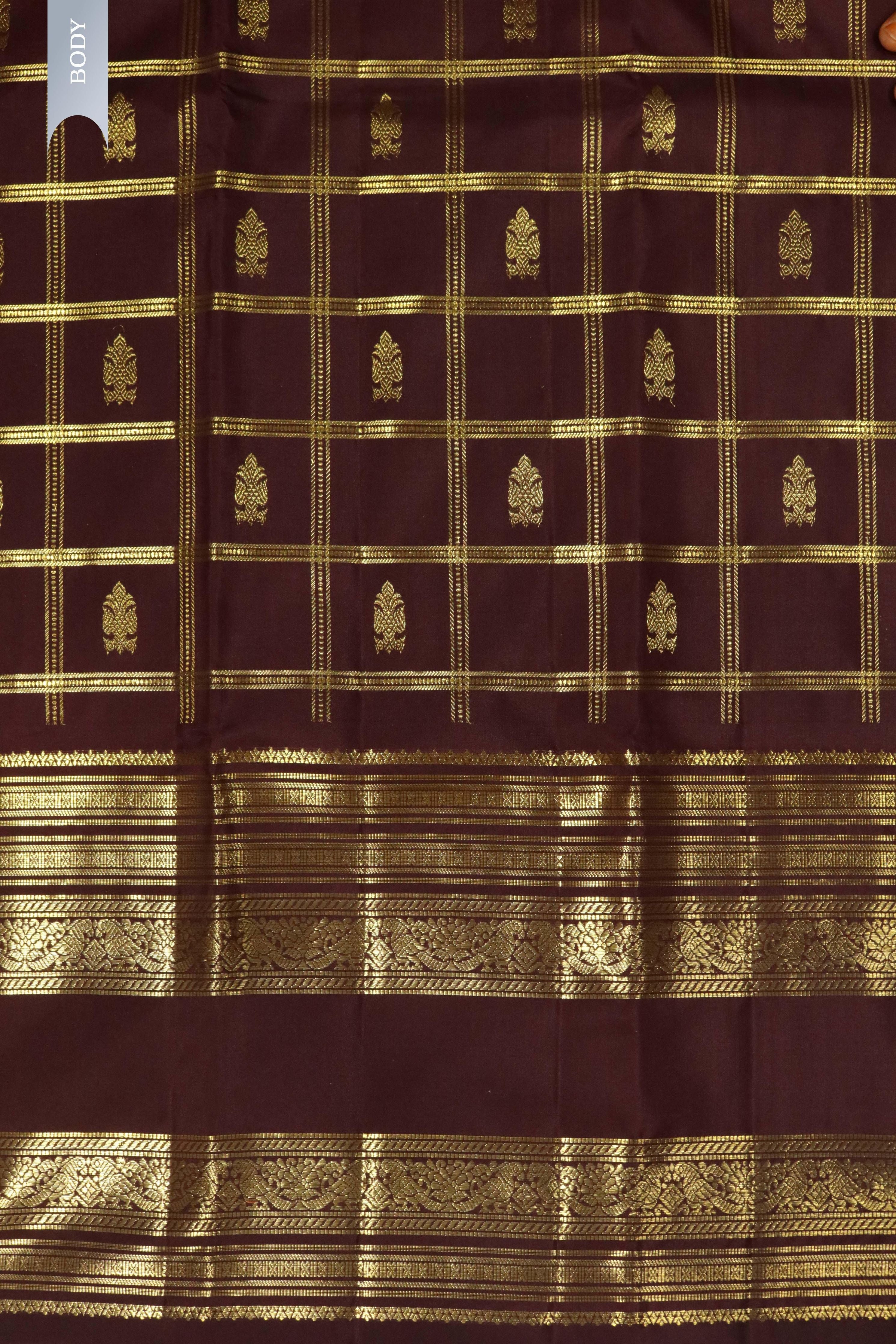 Dark Brown Kanchipuram Silk Saree with Zari Checks, Motifs & Long Zari Border - Mokshaa