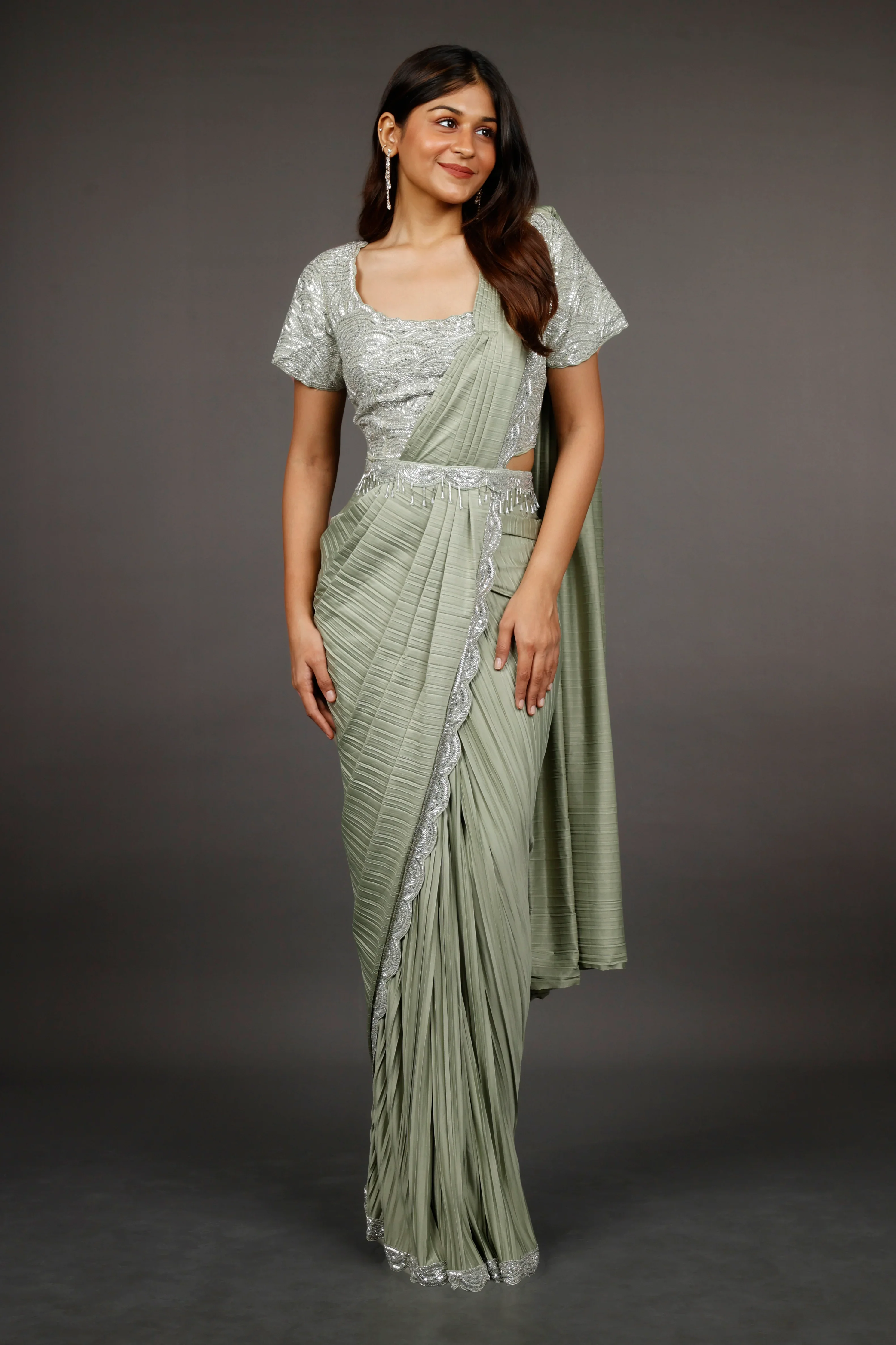 Light Green Lycra Drape Saree with Sequin & Cutdana Embroidered Blouse - Mokshaa