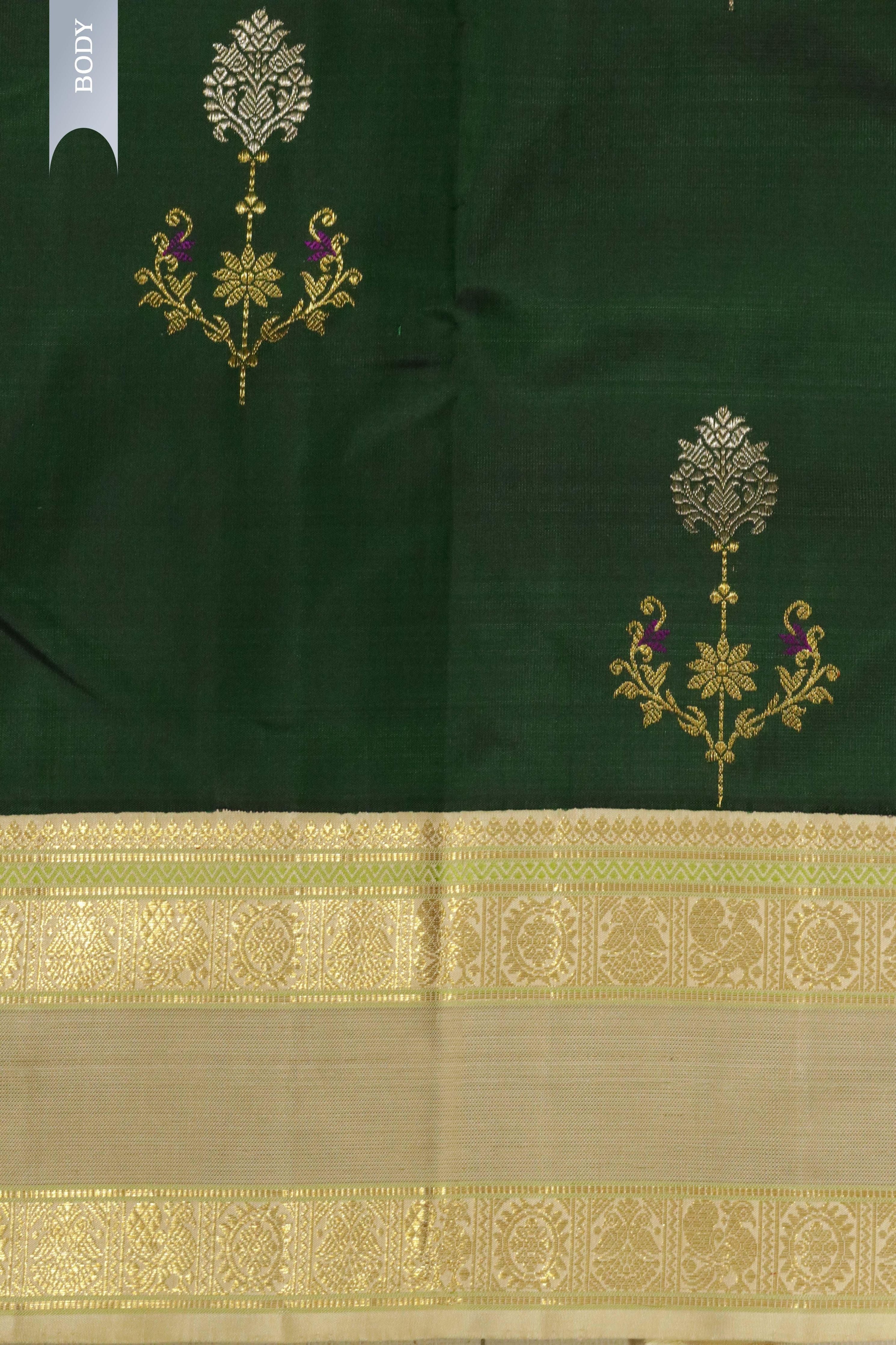 Bottle Green Kanchipuram Silk Saree with Silver & Gold Zari Thread Motifs and Contrast Border - Mokshaa