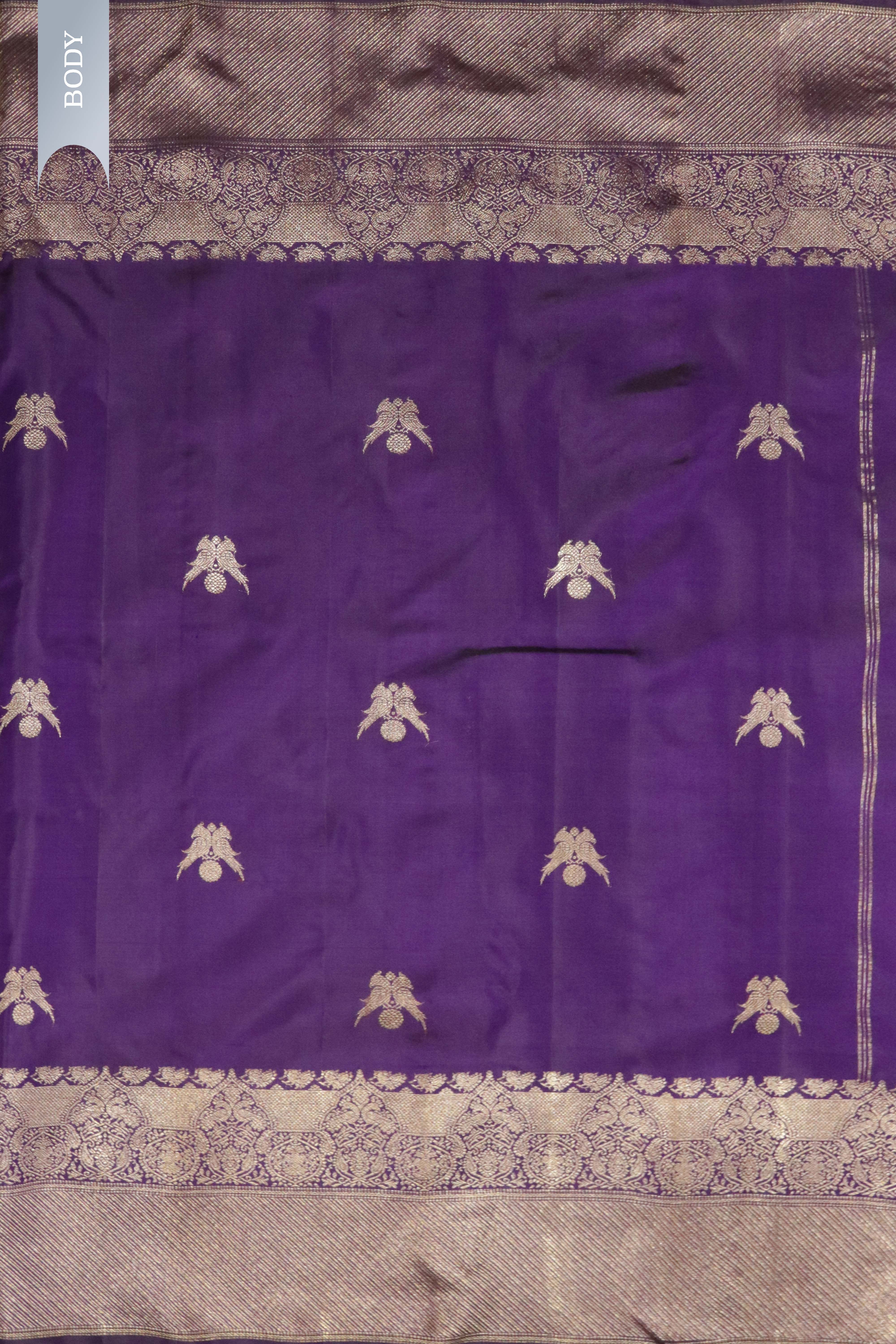 Purple Kanchipuram Silk Saree with Parrot Zari Motifs & Zari Weaving Border