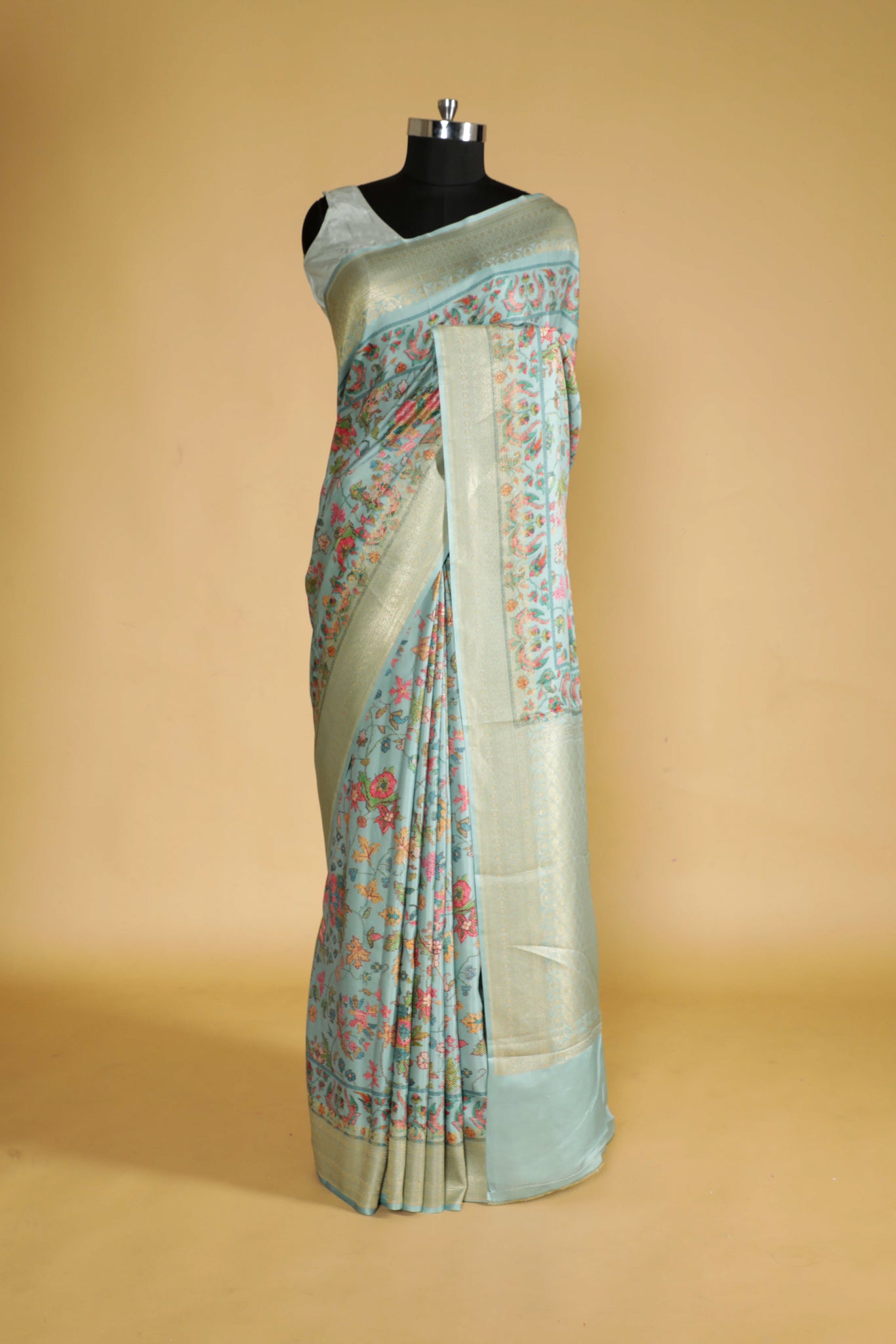 Turquoise Blue Banarasi Satin Silk Saree with All-Over Digital Print & Zari Border**