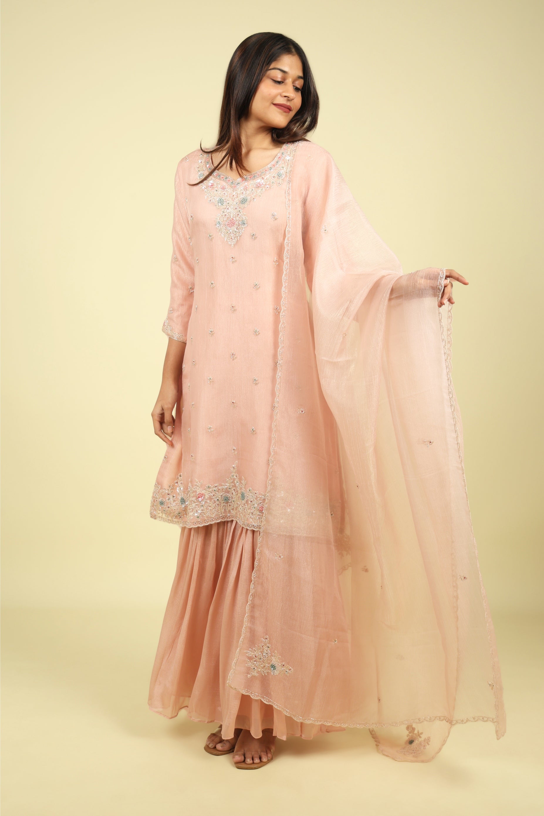 Pink Embroidered Crush Tissue Sharara Set