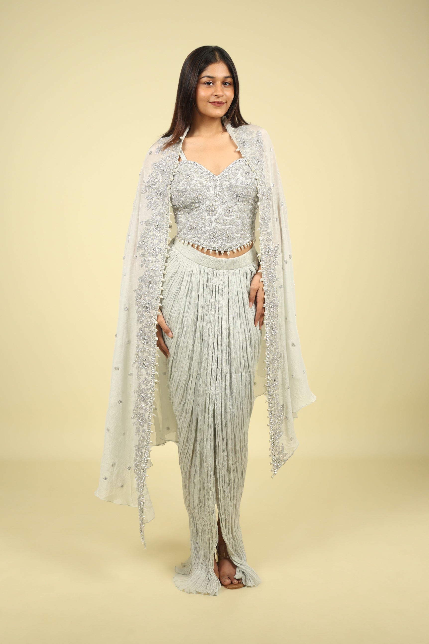 Grey Chinon Corset Skirt Set with Sequin, Cutdana & Stone Embroidery