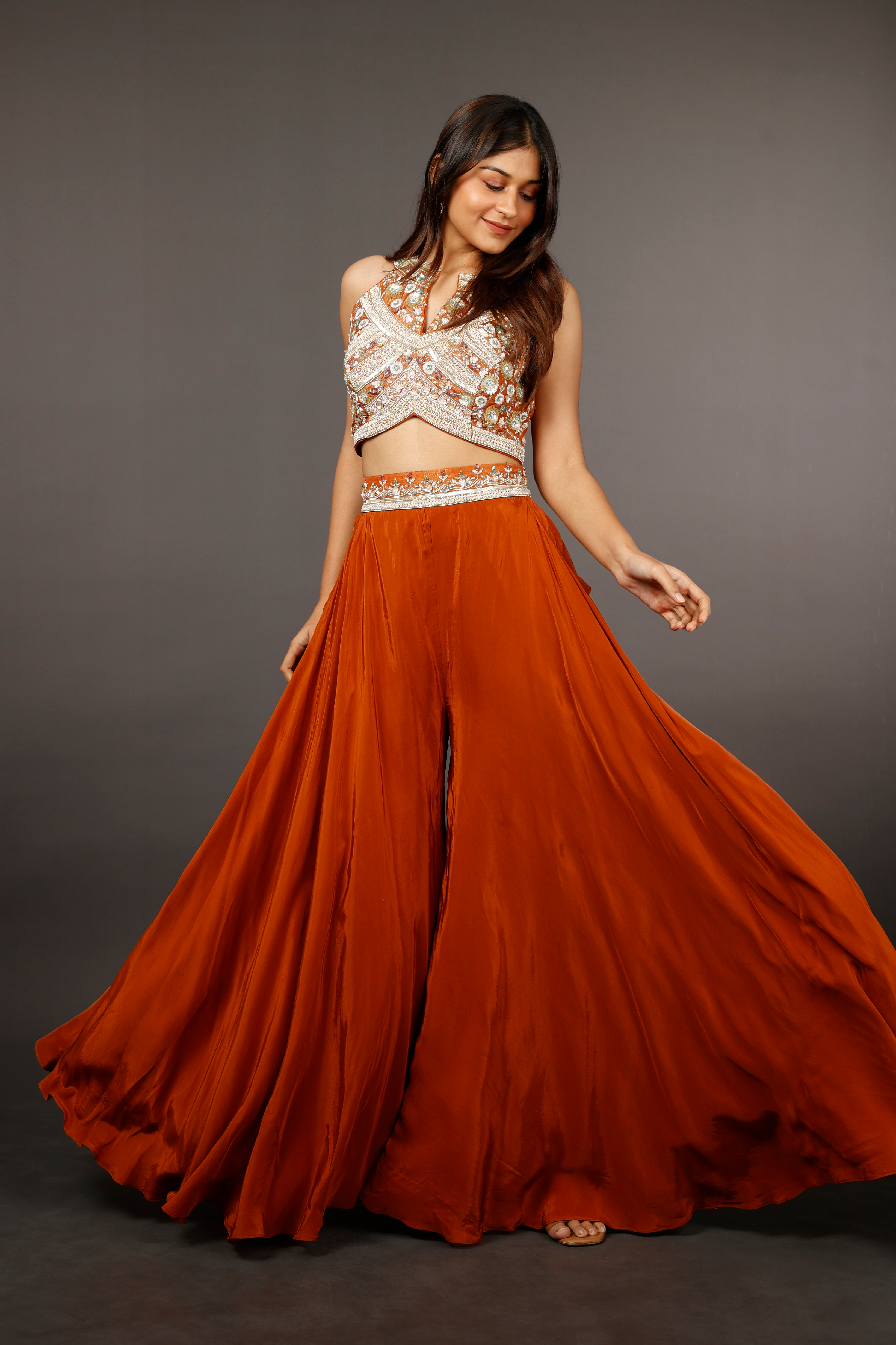 Rust Orange Crepe Silk Crop Top with Palazzo, Tissue Halter Blouse
