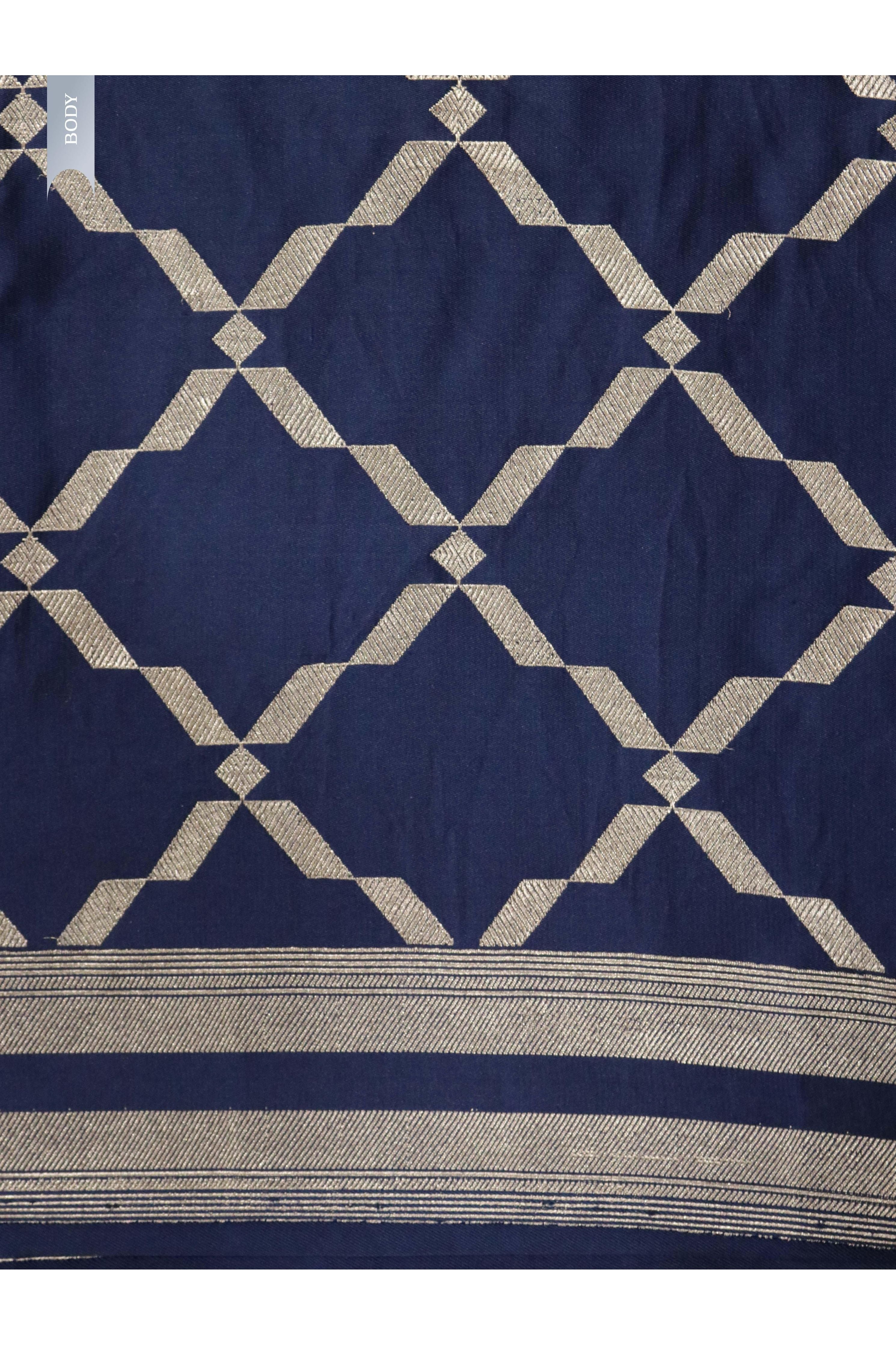 Indigo Blue Banarasi Mushroom Silk Saree with Silver Zari Geometric Jaal & Zari Border - Mokshaa