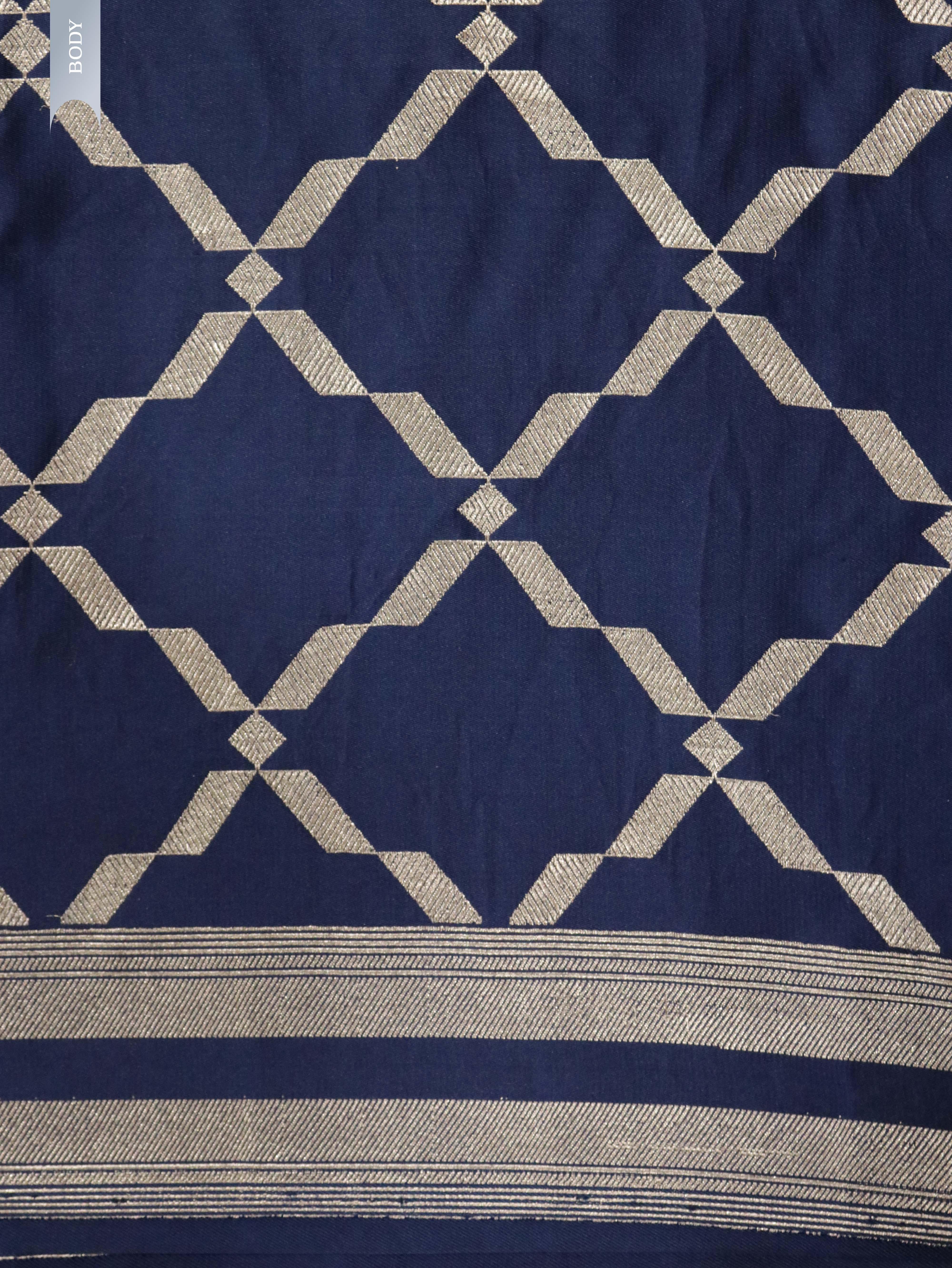 Indigo Blue Banarasi Mushroom Silk Saree with Silver Zari Geometric Jaal & Zari Border