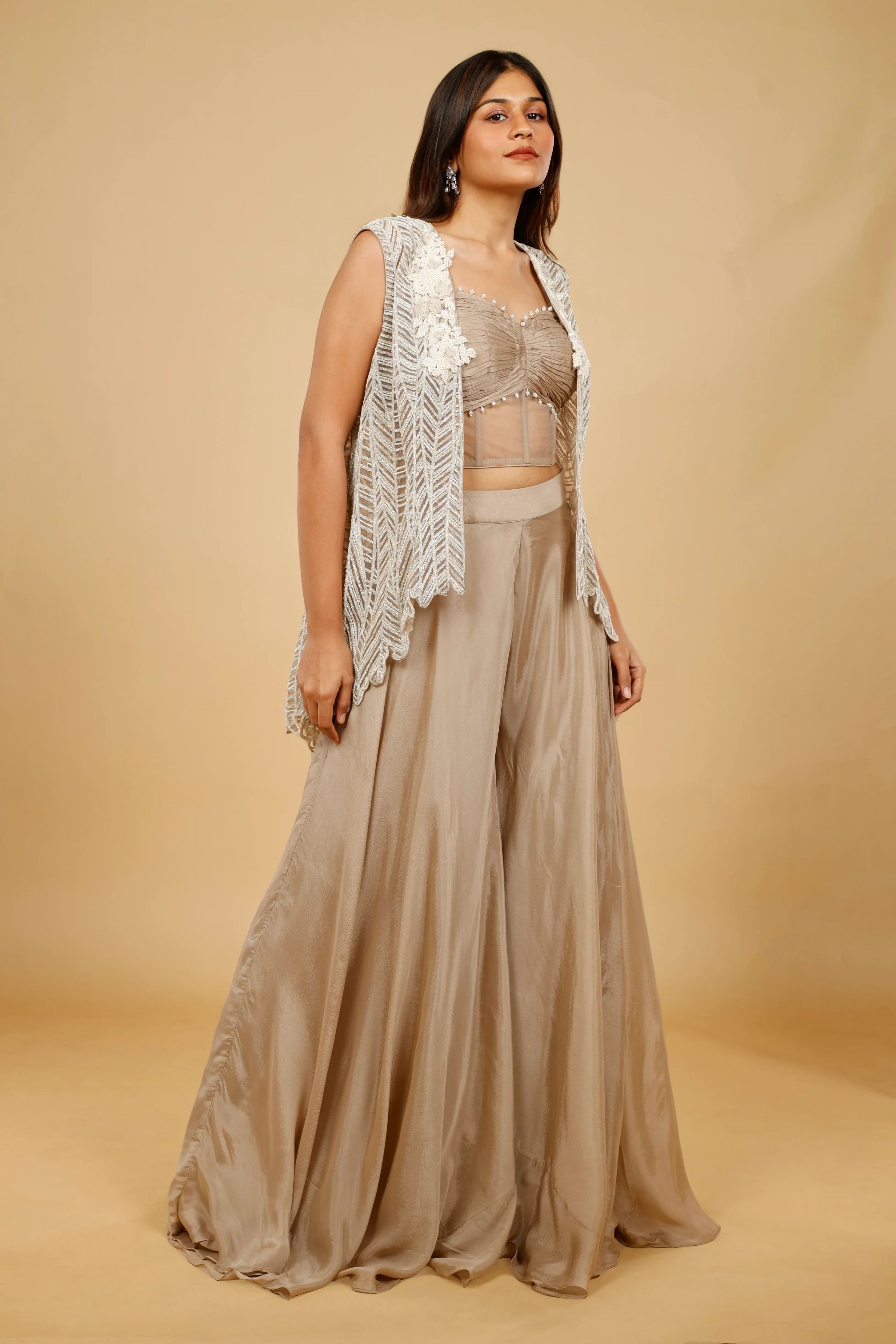 Dark Champagne Crepe Corset Palazzo Set with Embroidered Net Jacket - Mokshaa