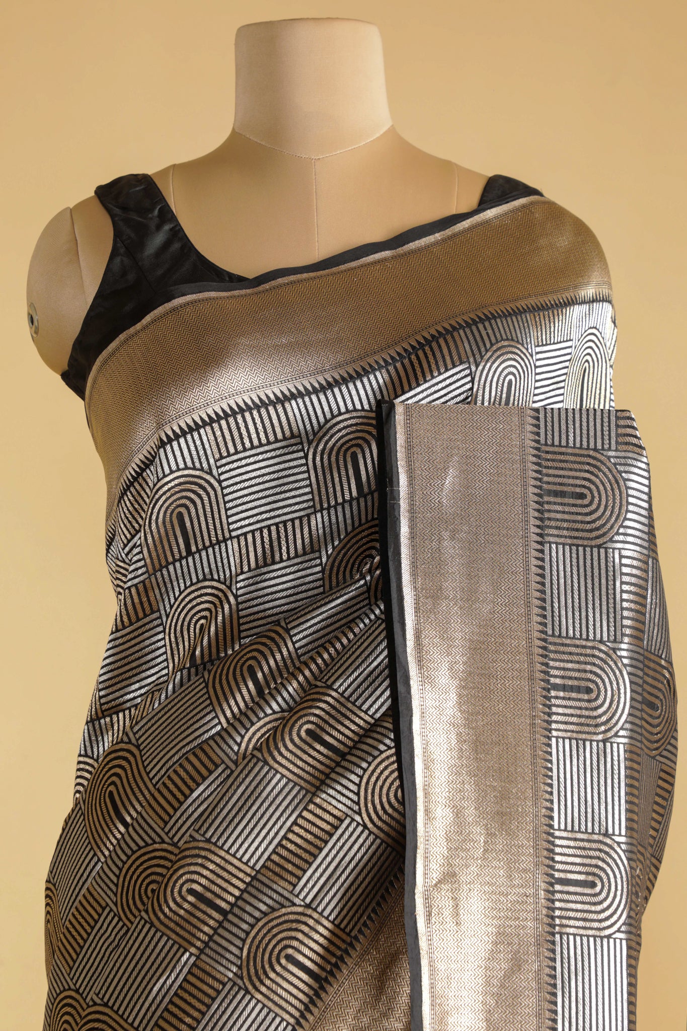 Black Banarasi Silk Saree with Gold & Silver Zari Box Weaving**