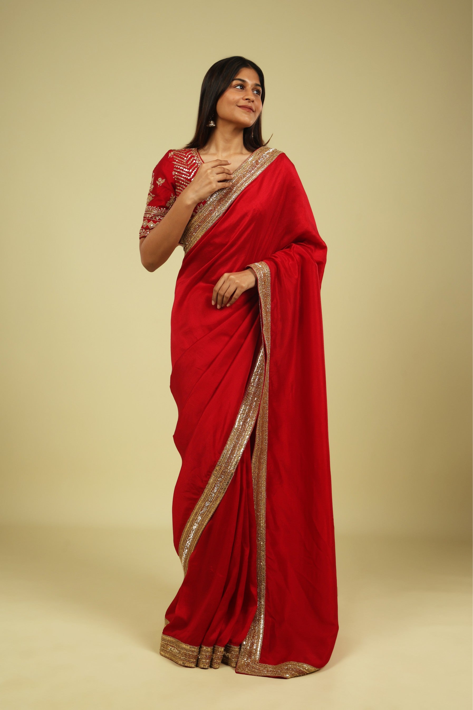 Red Tussar Georgette Saree with Bead & Sequin Border