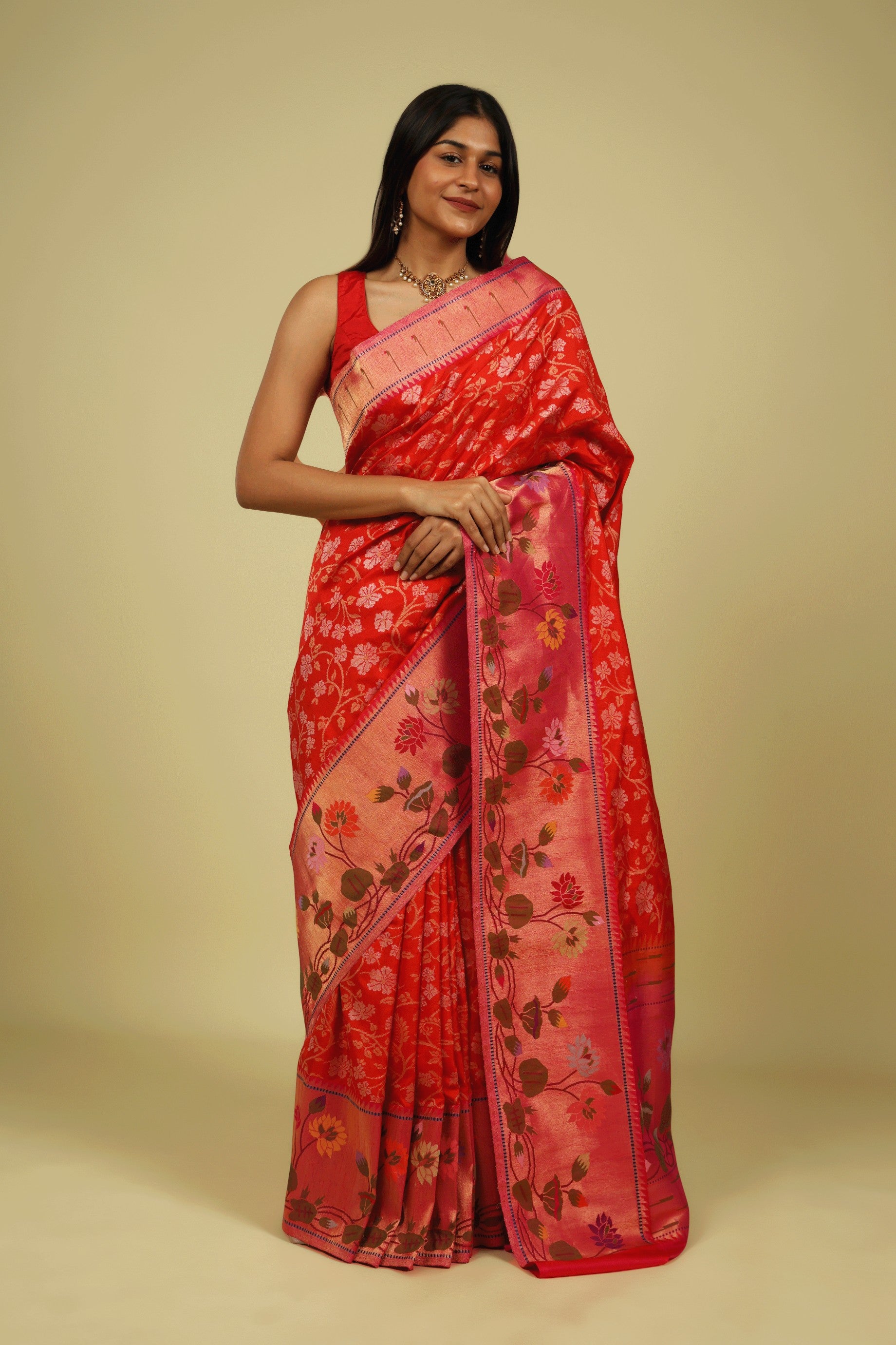 Orange Banarasi Silk Saree with Gold & Silver Zari Jaal and Jamdani Border