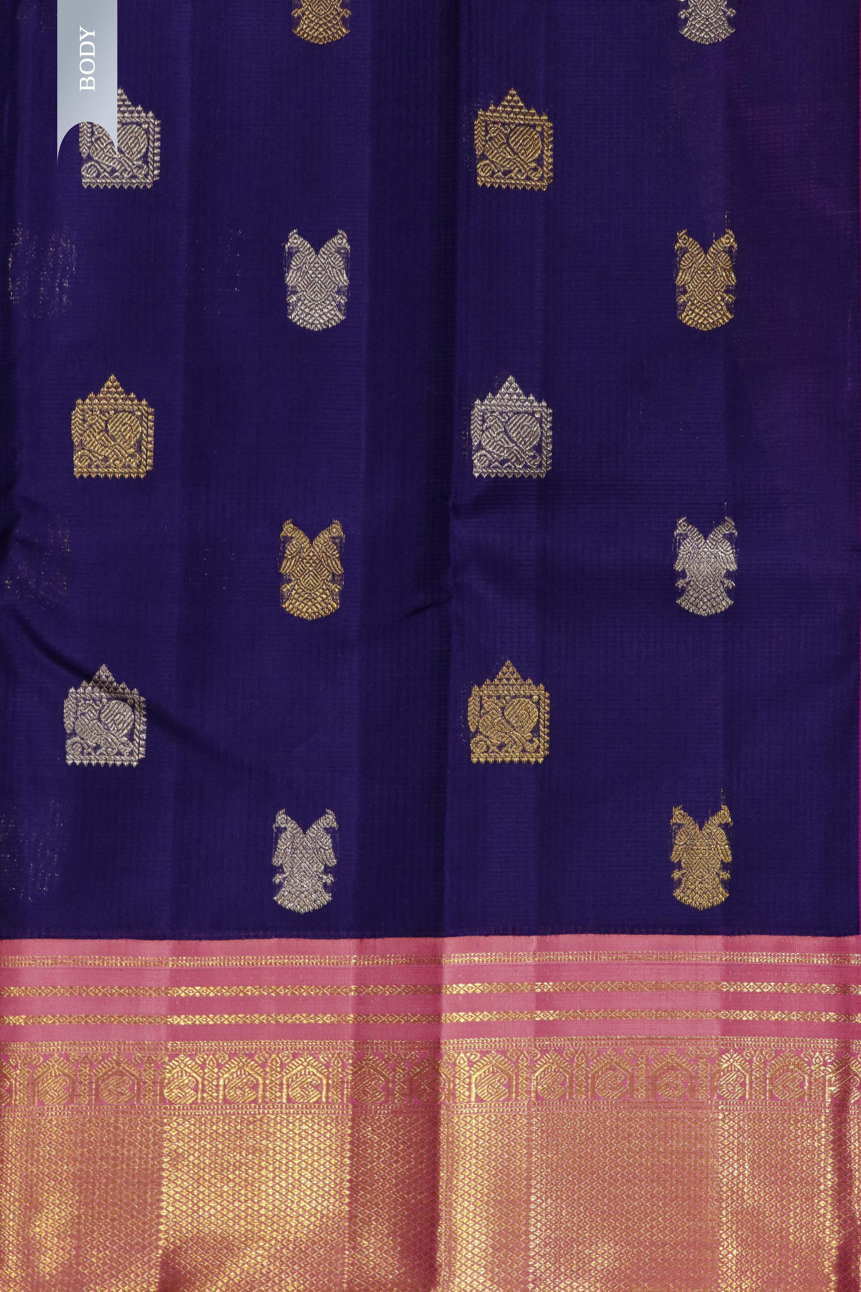 Royal Blue Kanchipuram Silk Saree with Silver & Gold Zari Motifs and Contrast Border - Mokshaa