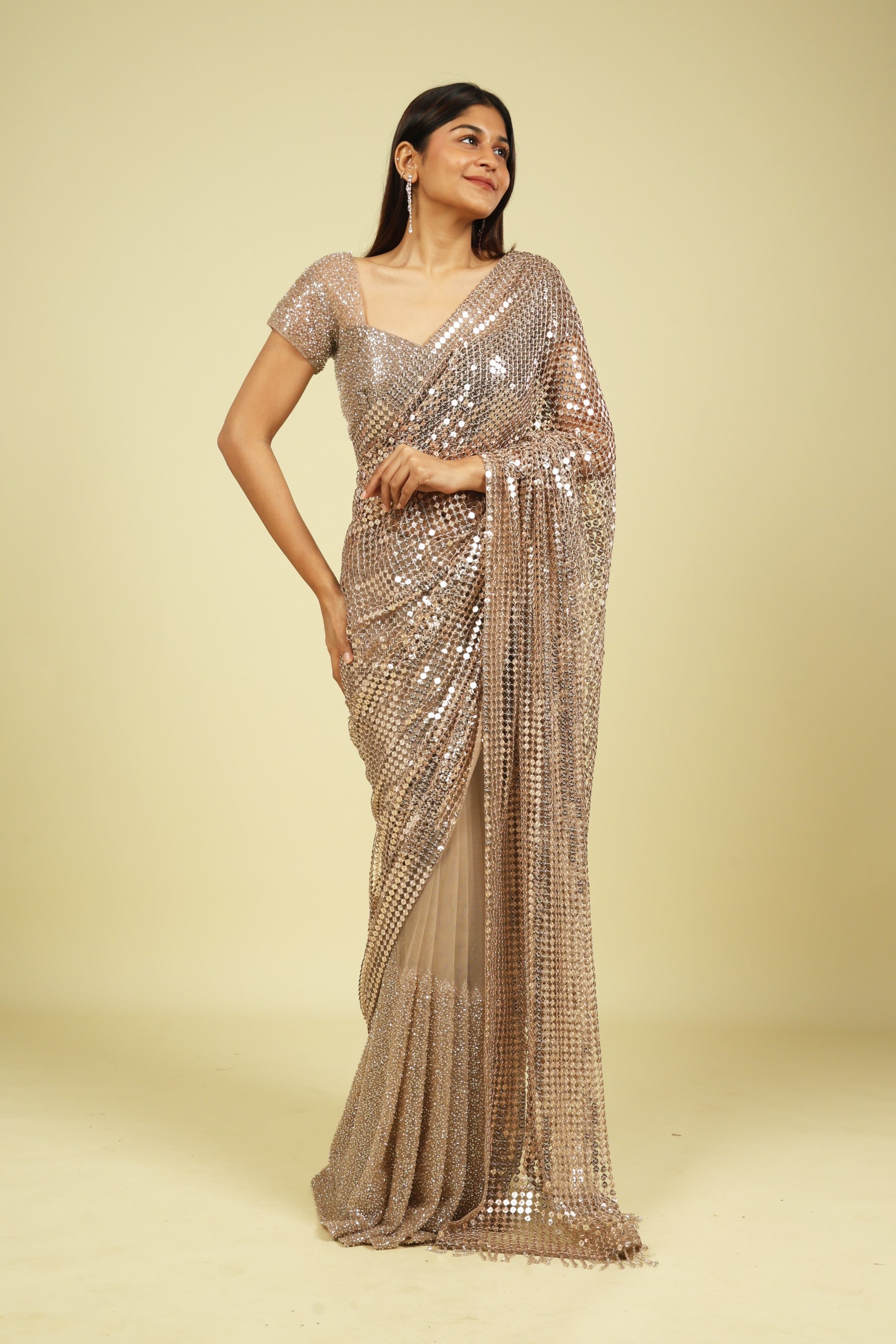 Gold Metallic Mesh Saree with Sequins & Beadwork