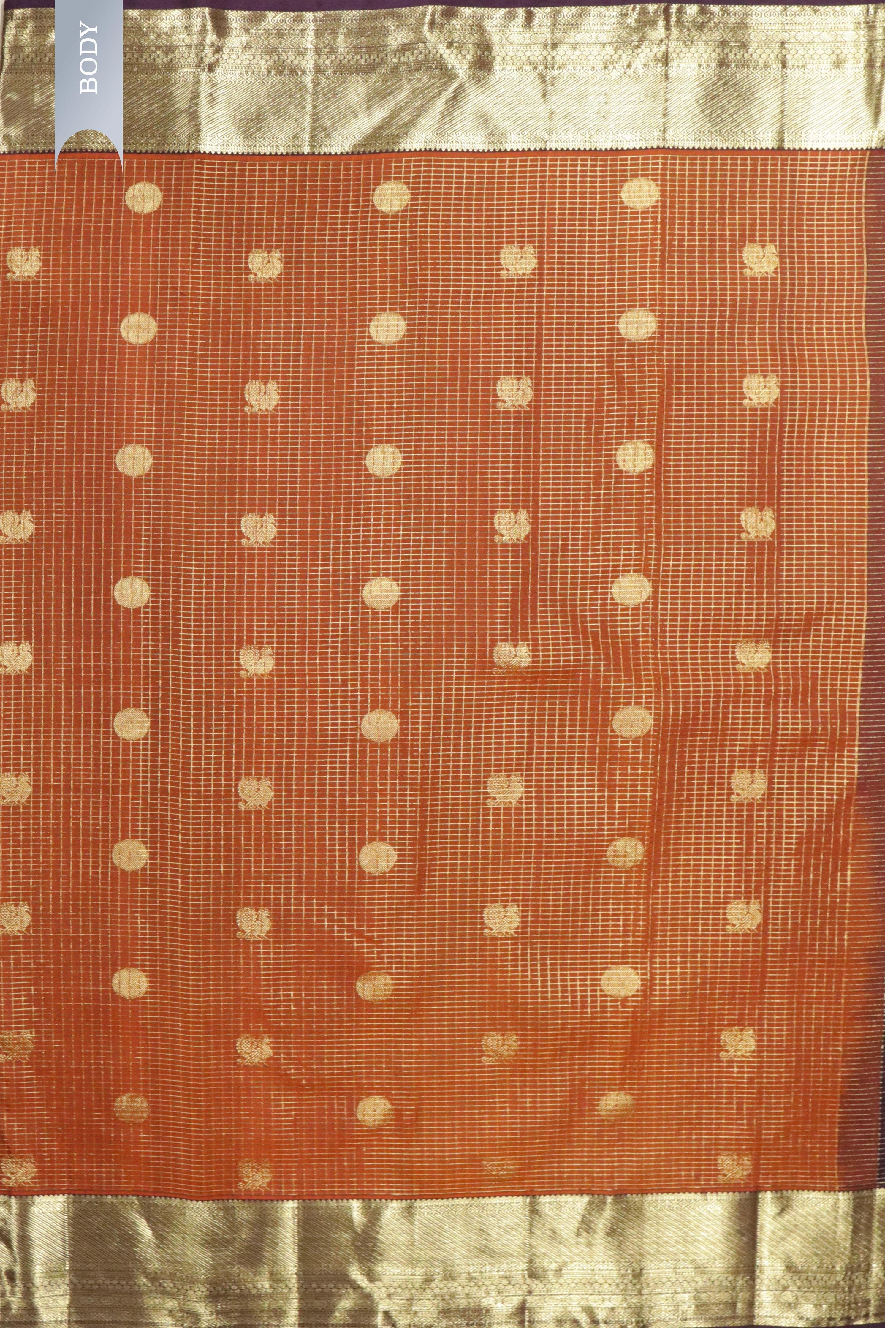 Rust Orange Kanchipuram Silk Saree with Zari Checks, Motifs & Weaving Border - Mokshaa