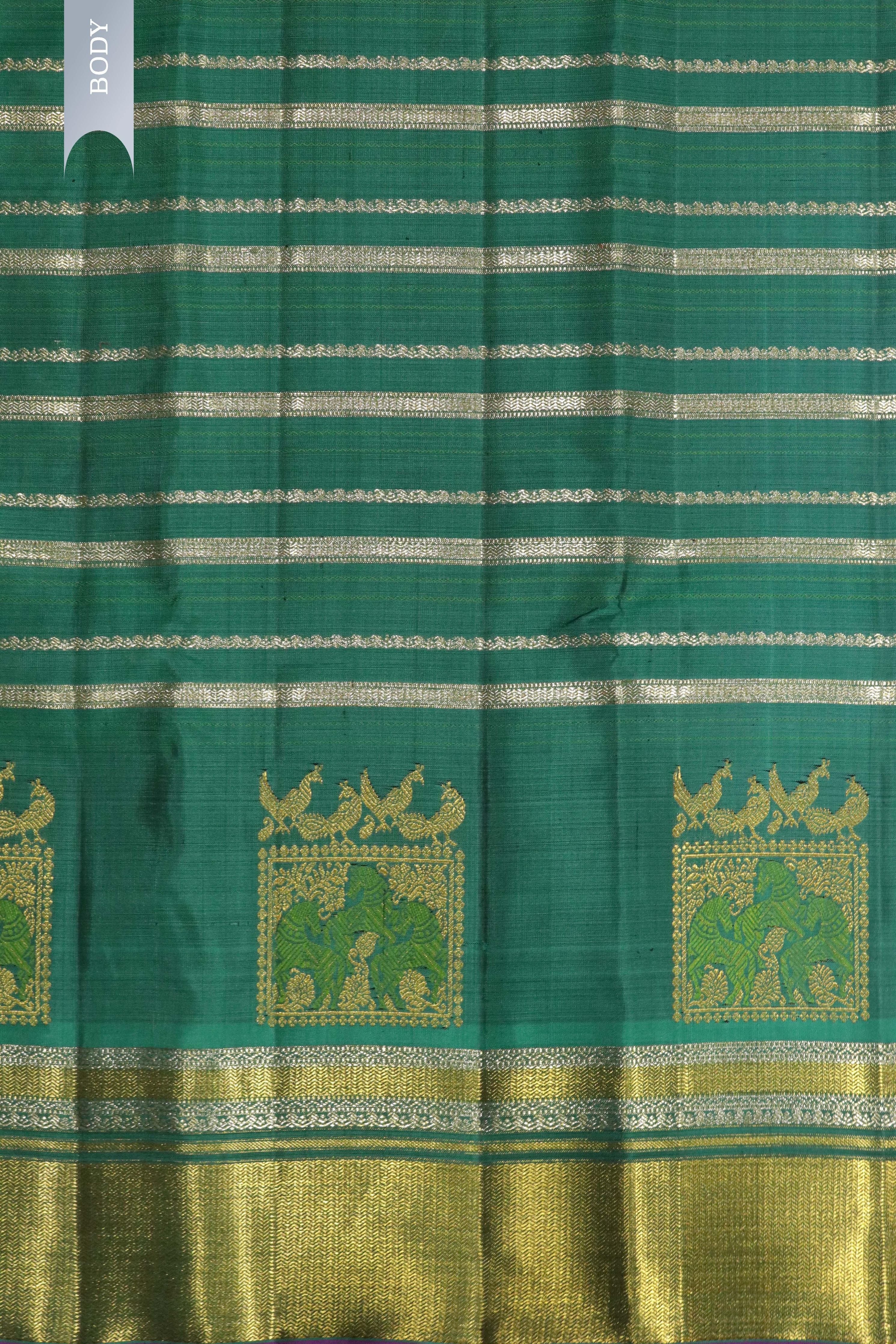 Teal Blue Kanchipuram Silk Saree with Silver Zari Stripes and Zari Border - Mokshaa