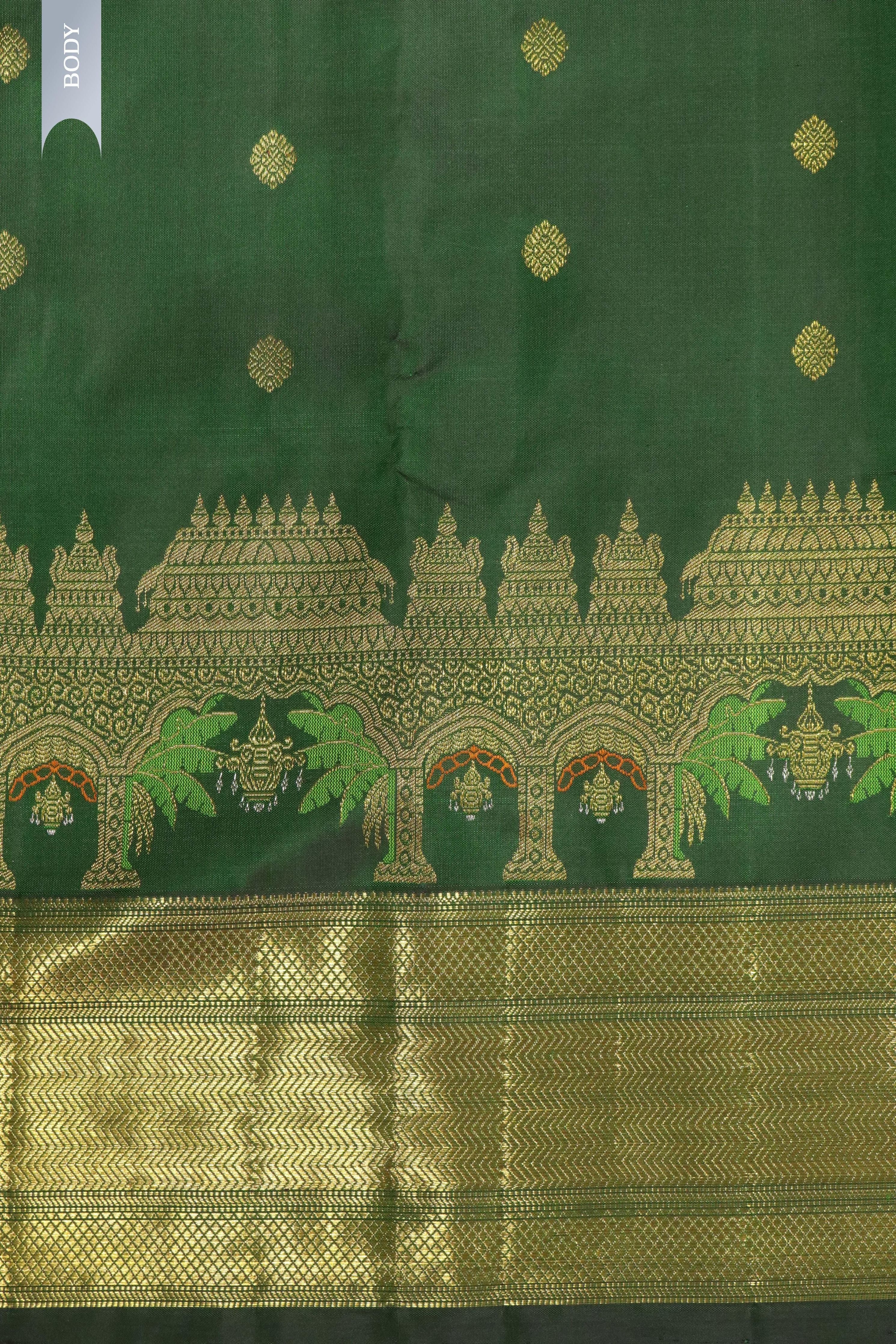Bottle Green Kanchipuram Silk Saree with Thread Meenakari Motifs and Long Zari Border - Mokshaa