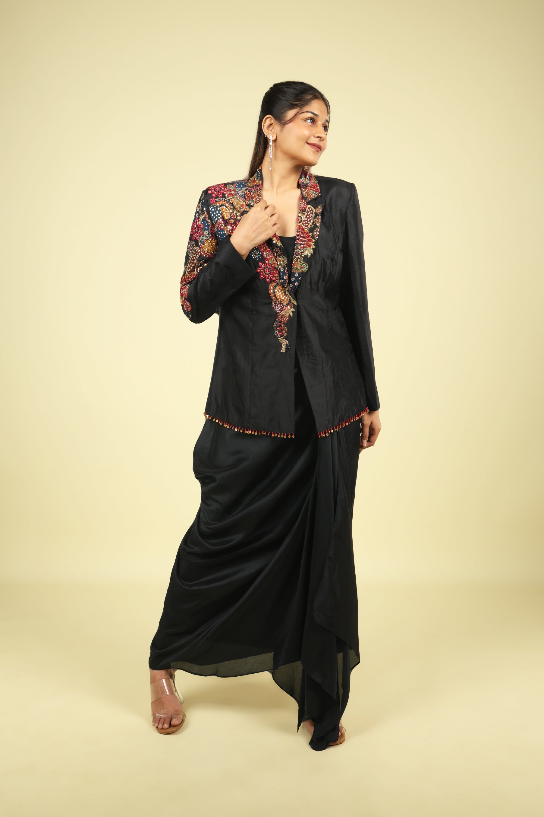 Black Silk Blazer & Draped Skirt Set with Pearl & Sequin Embroidery