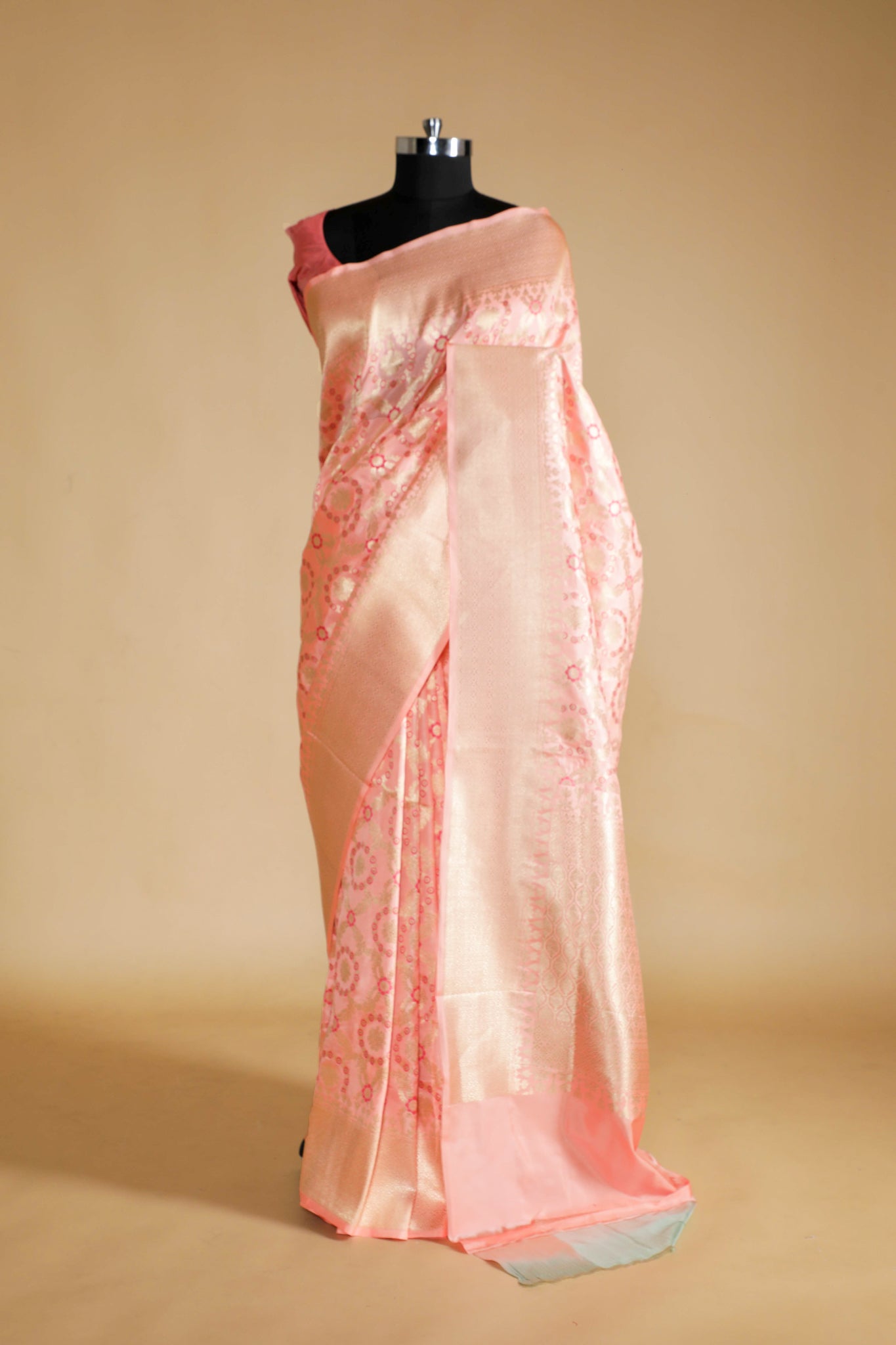 Peach Banarasi Silk Saree with All-Over Zari & Thread Weaving