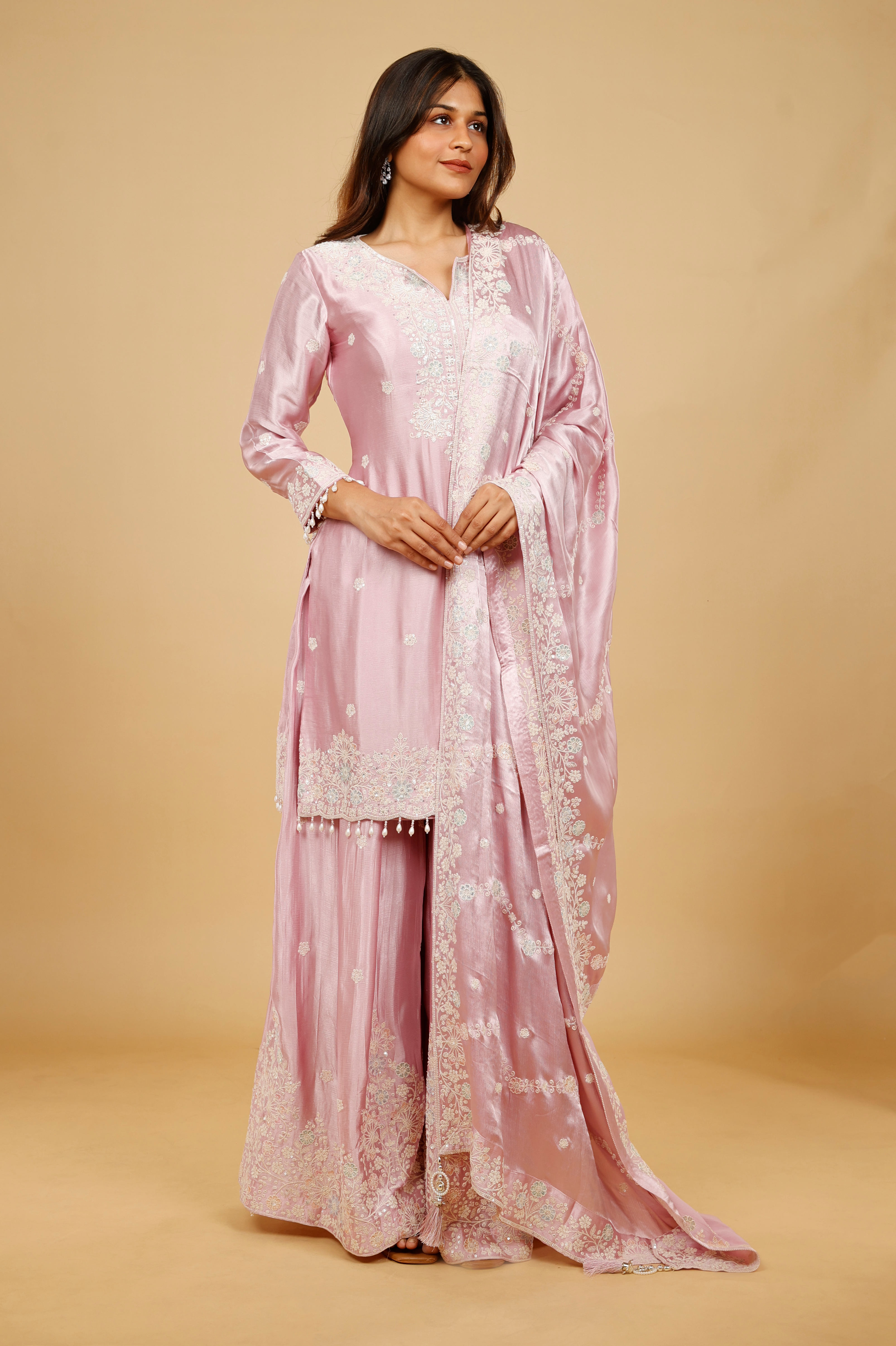 Blush Pink Chinon Silk Sharara Set with Thread, Pearl & Sequin Embroidery