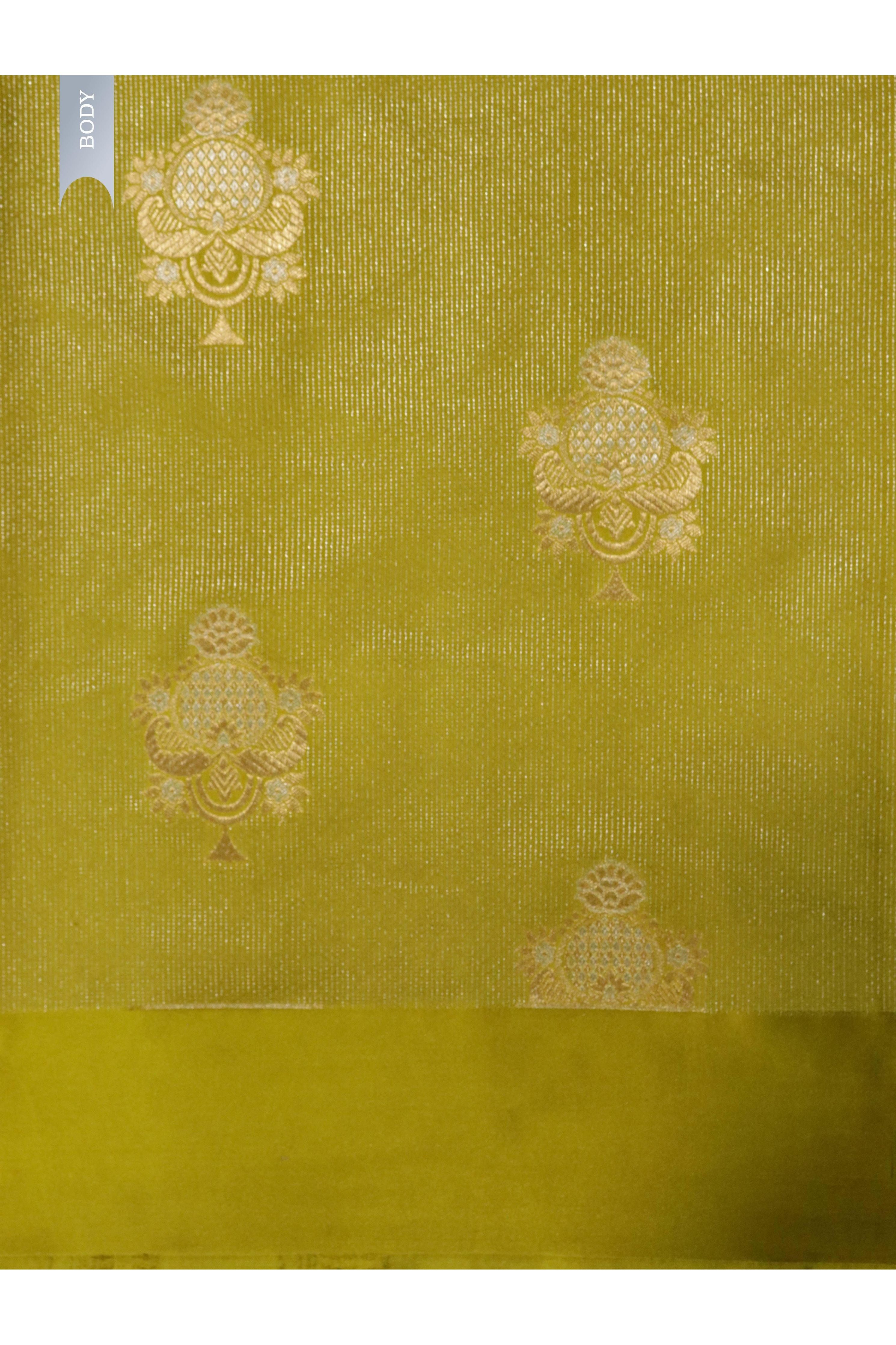 Parrot Green Banarasi Mushroom Silk Saree with Silver Zari Weaving & Gold Zari Butta - Mokshaa