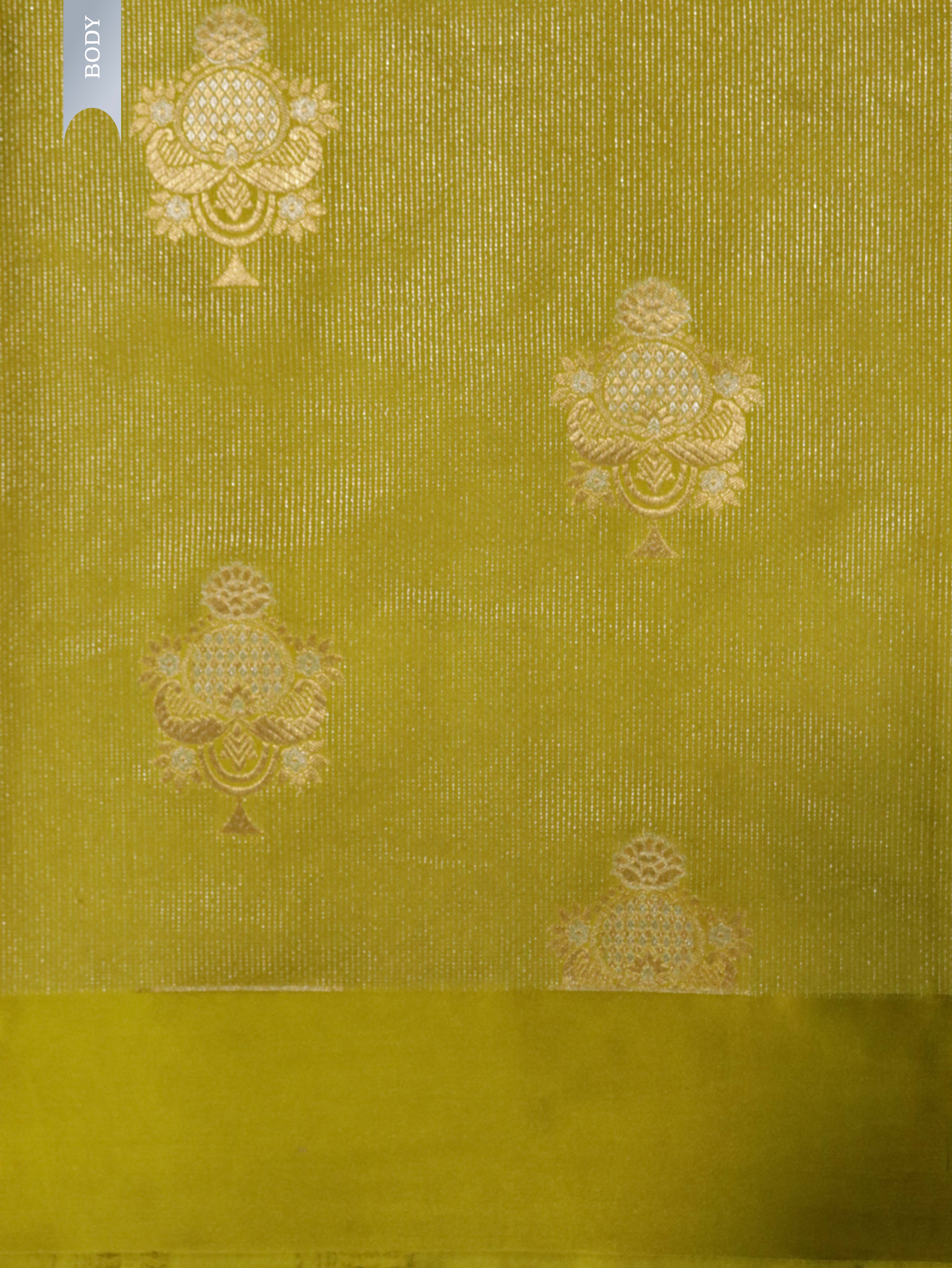 Parrot Green Banarasi Mushroom Silk Saree with Silver Zari Weaving & Gold Zari Butta