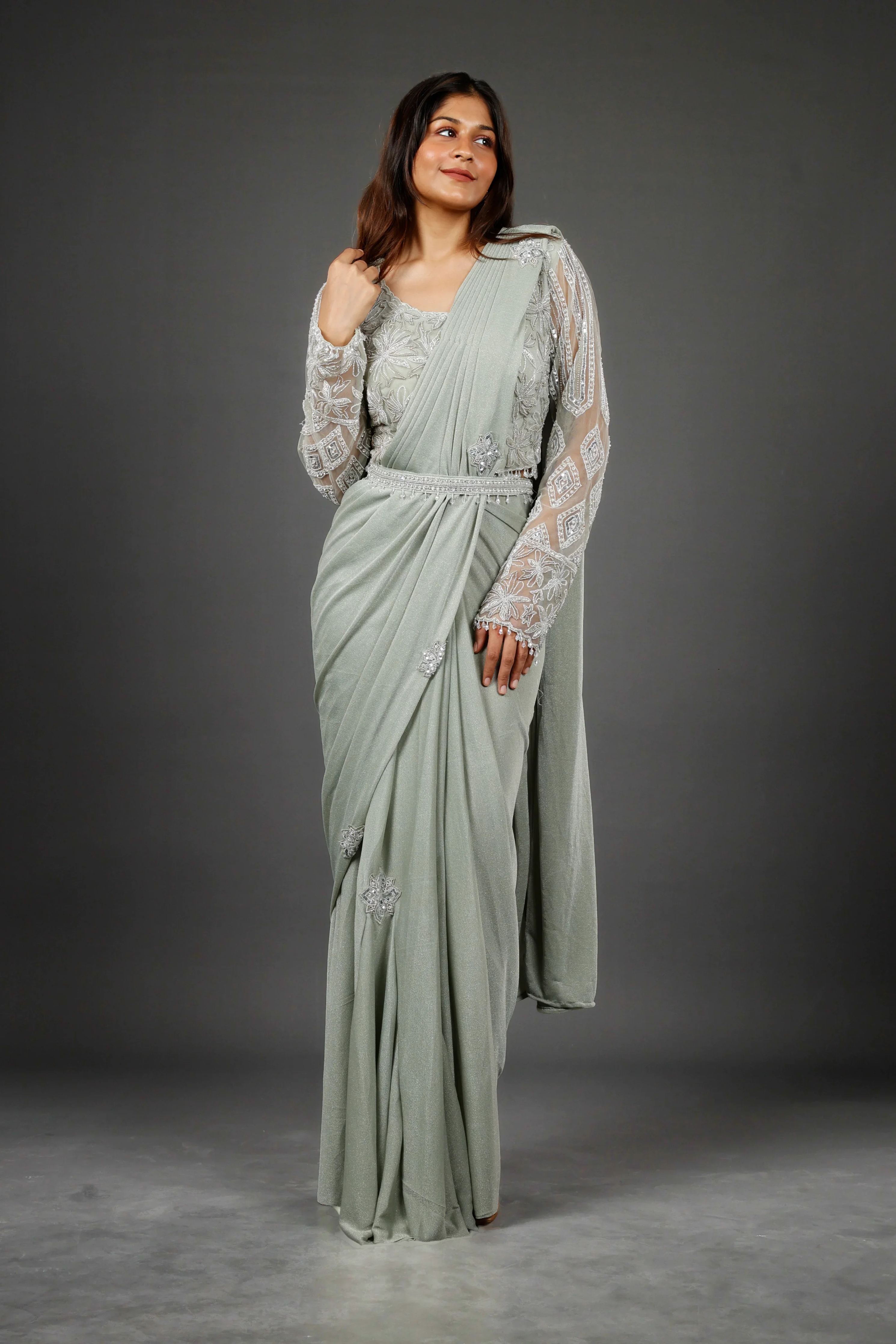 Sage Green Shimmer Drape Saree with Kutdana & Pearl Embroidery - Mokshaa