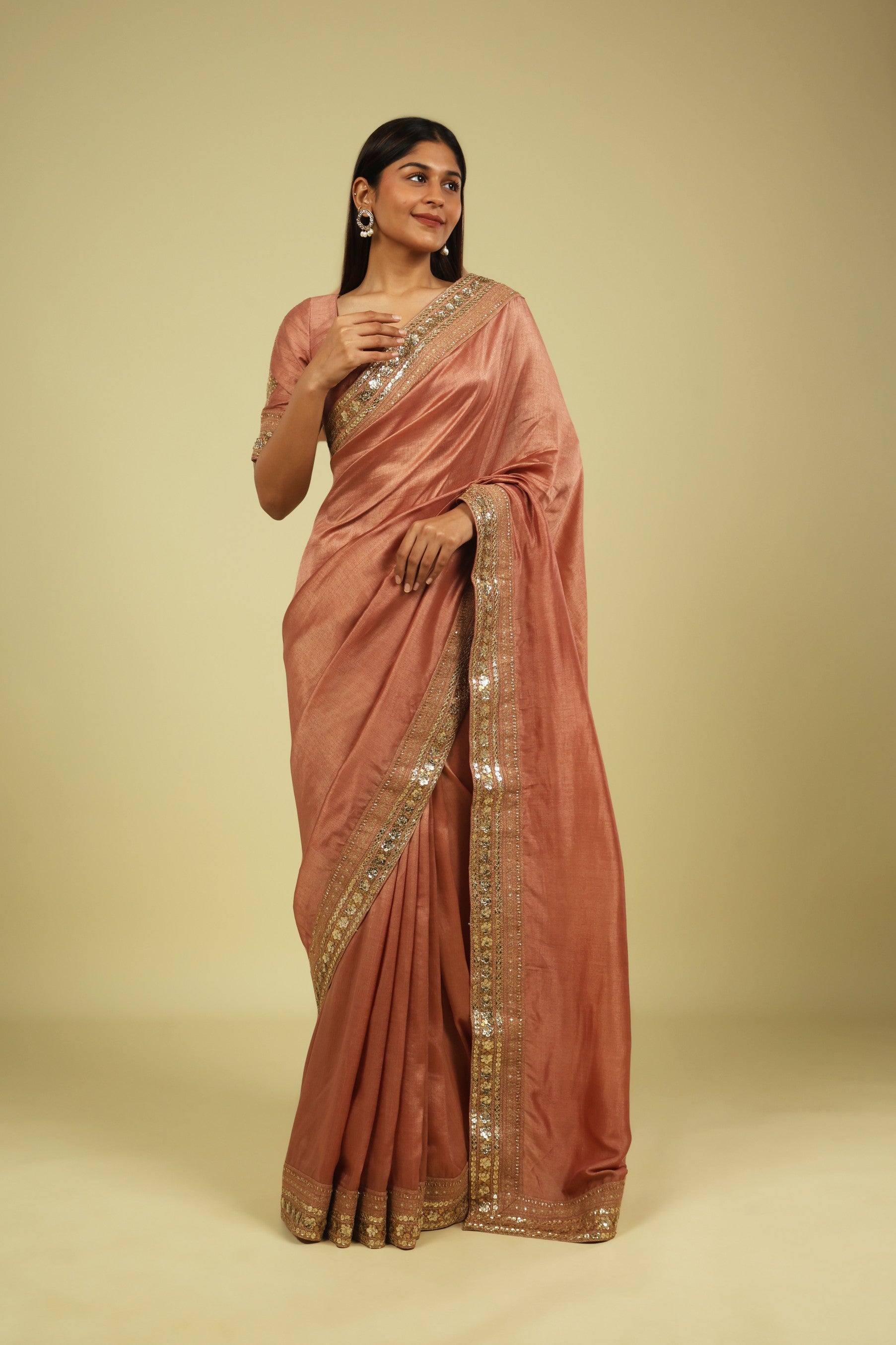 Rust Peach Tussar Georgette Saree with Zari Thread & Sequin Border