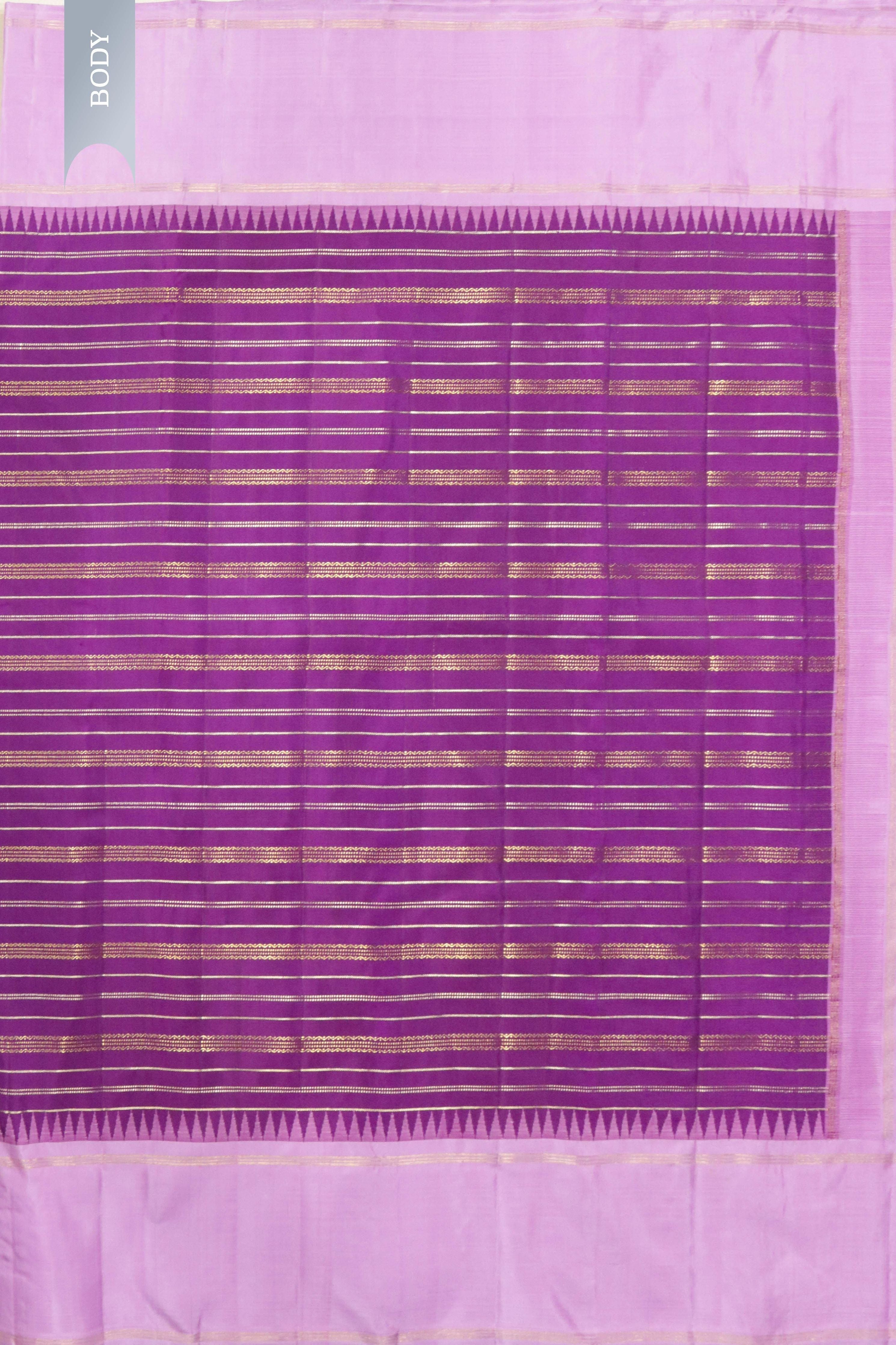 Purple Kanchipuram Silk Saree with Gold & Silver Zari Stripes and Contrast Silk Border - Mokshaa
