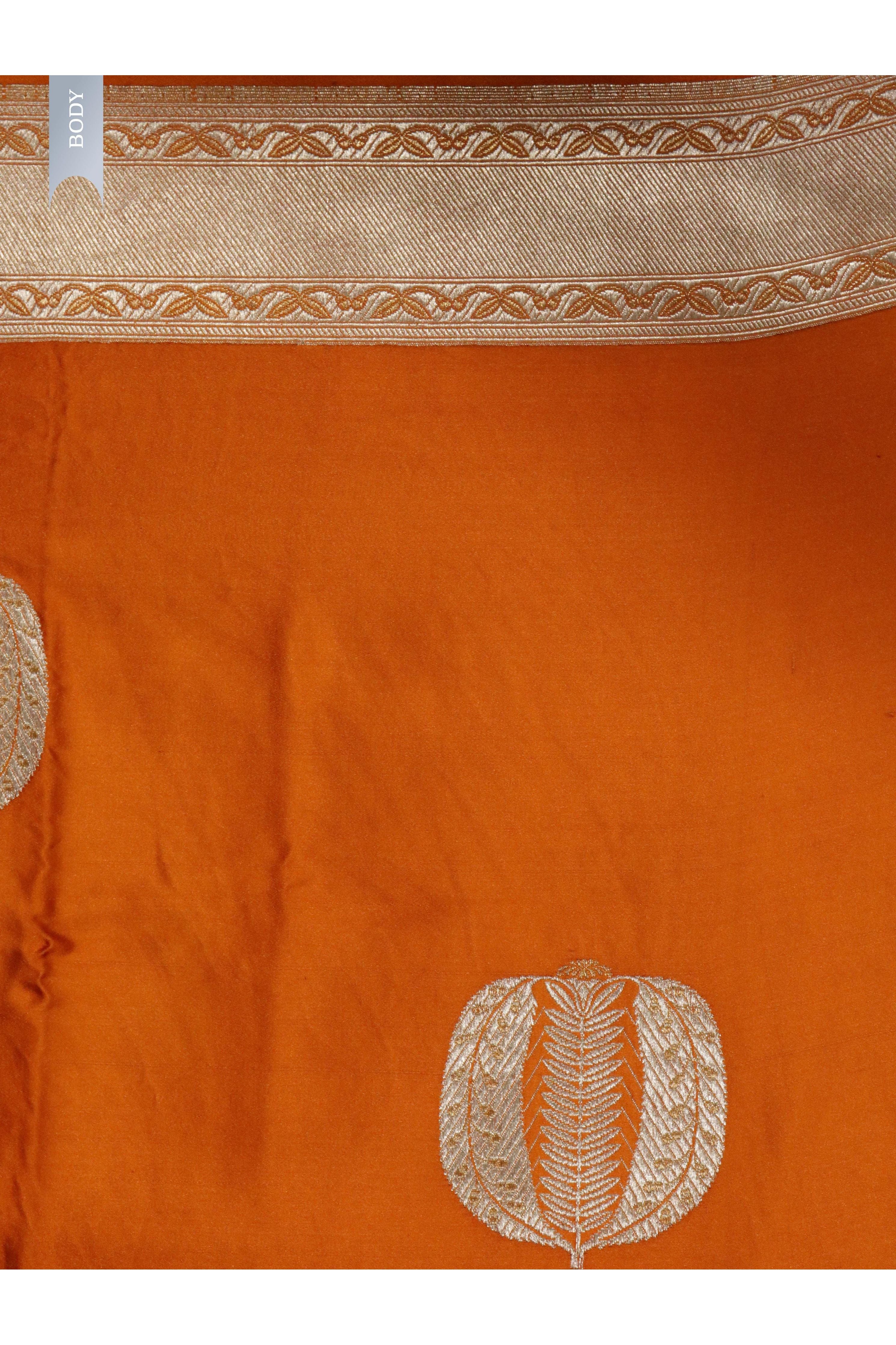 Orange Banarasi Mushroom Silk Saree with Silver Zari Motifs & Silver Zari Border - Mokshaa