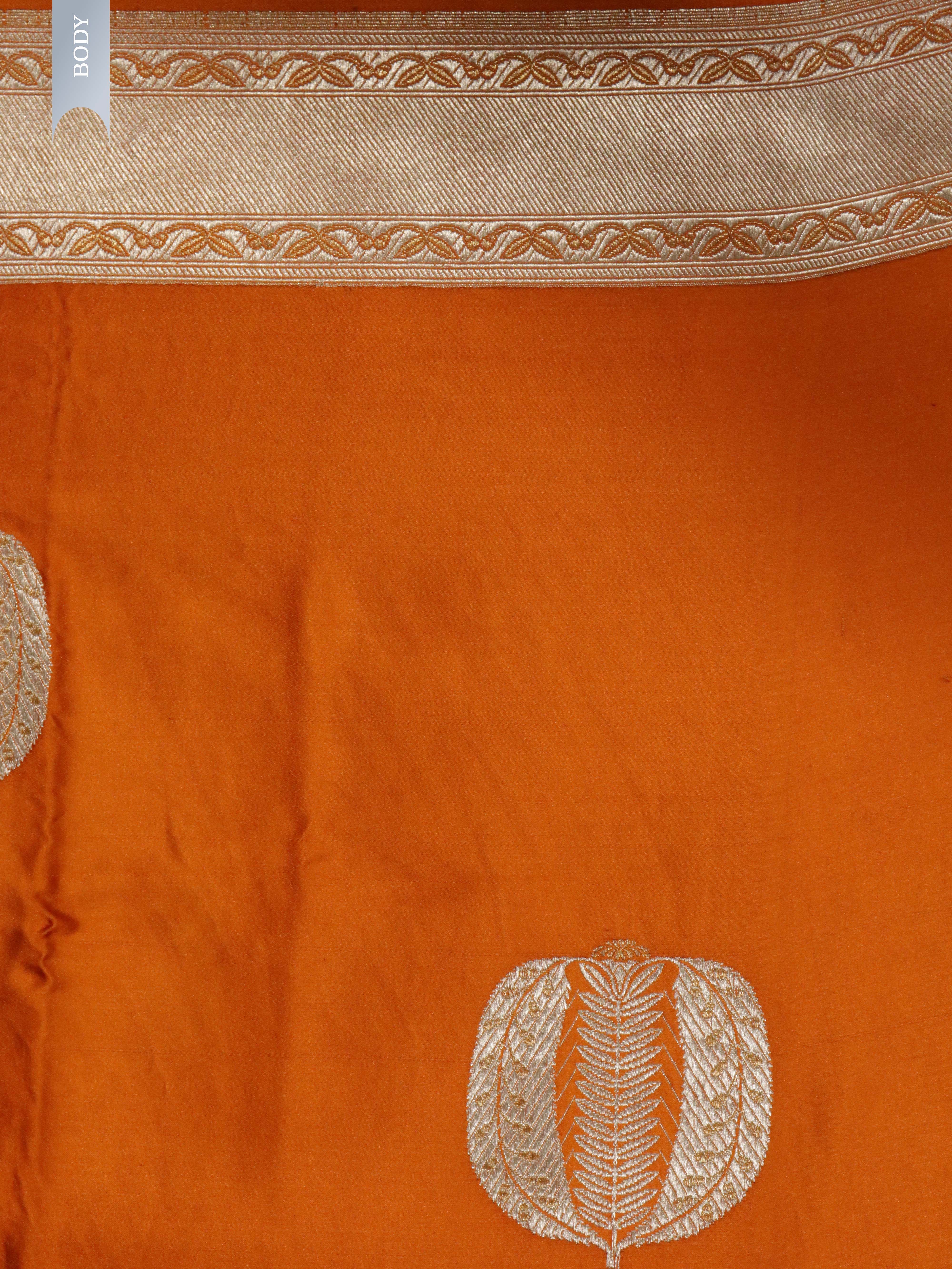 Orange Banarasi Mushroom Silk Saree with Silver Zari Motifs & Silver Zari Border**