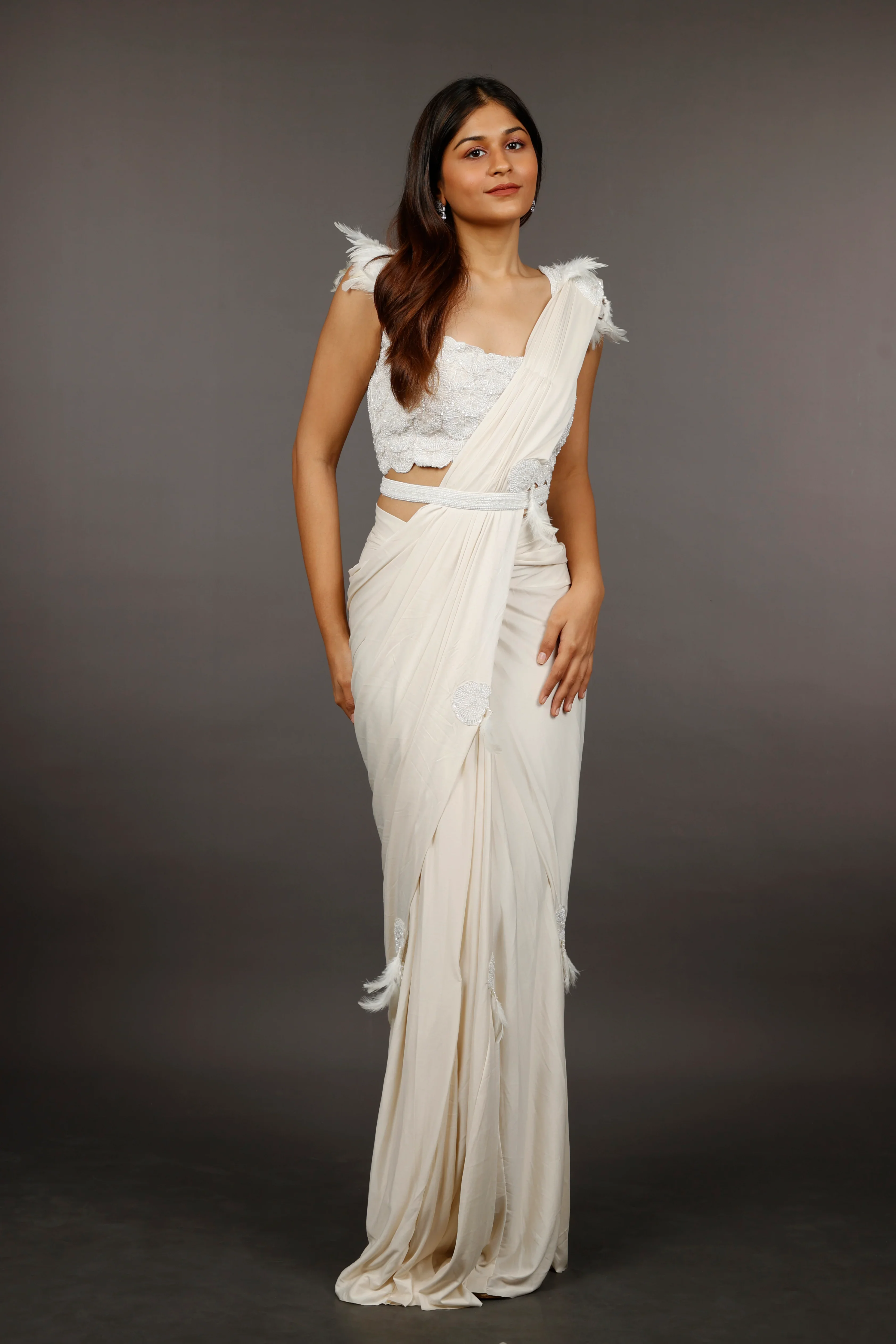 Ivory Lycra Silk Drape Saree with Feather and Pearl Embroidery - Mokshaa