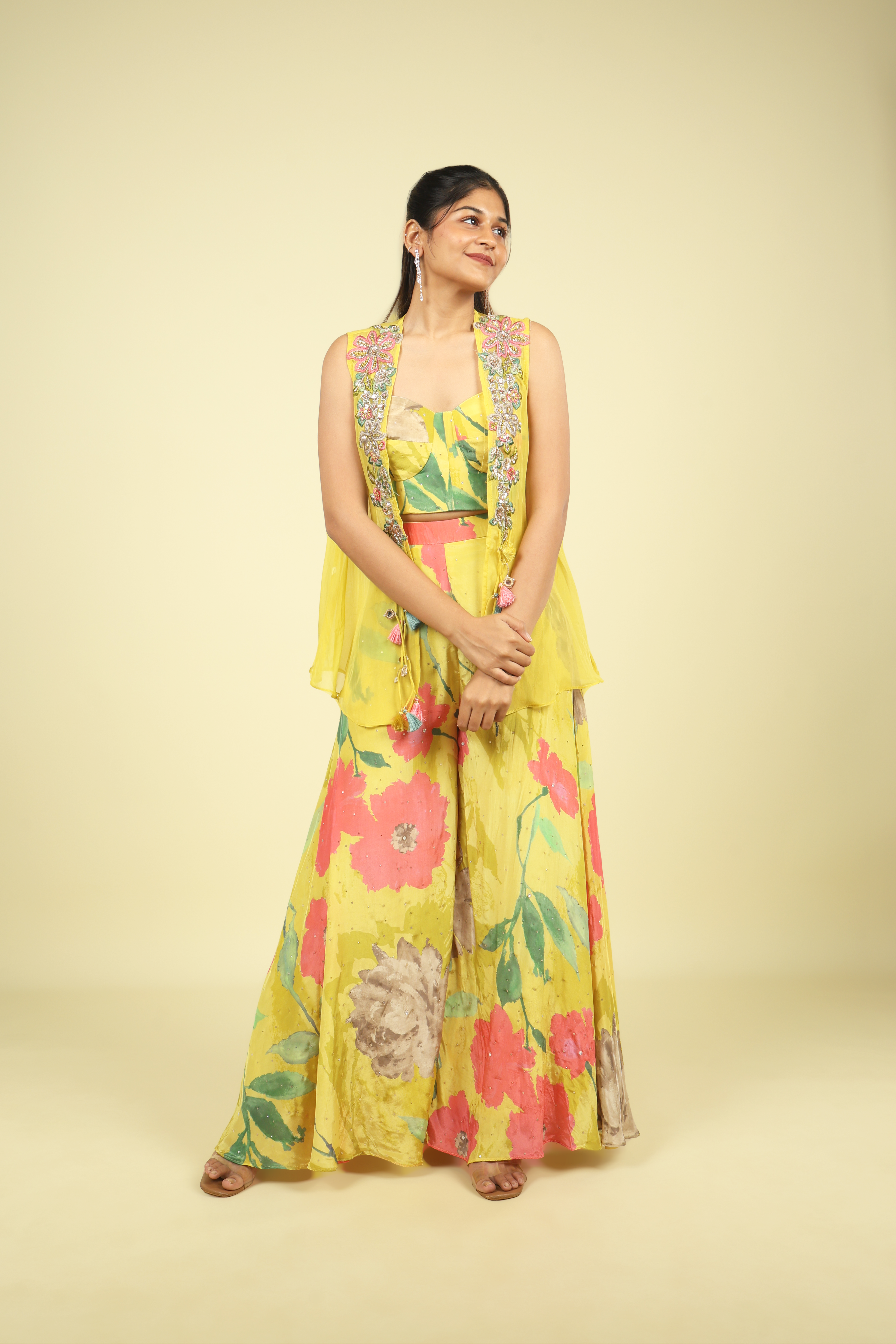 Yellow Printed Crepe Crop Top Palazzo Set - Mokshaa