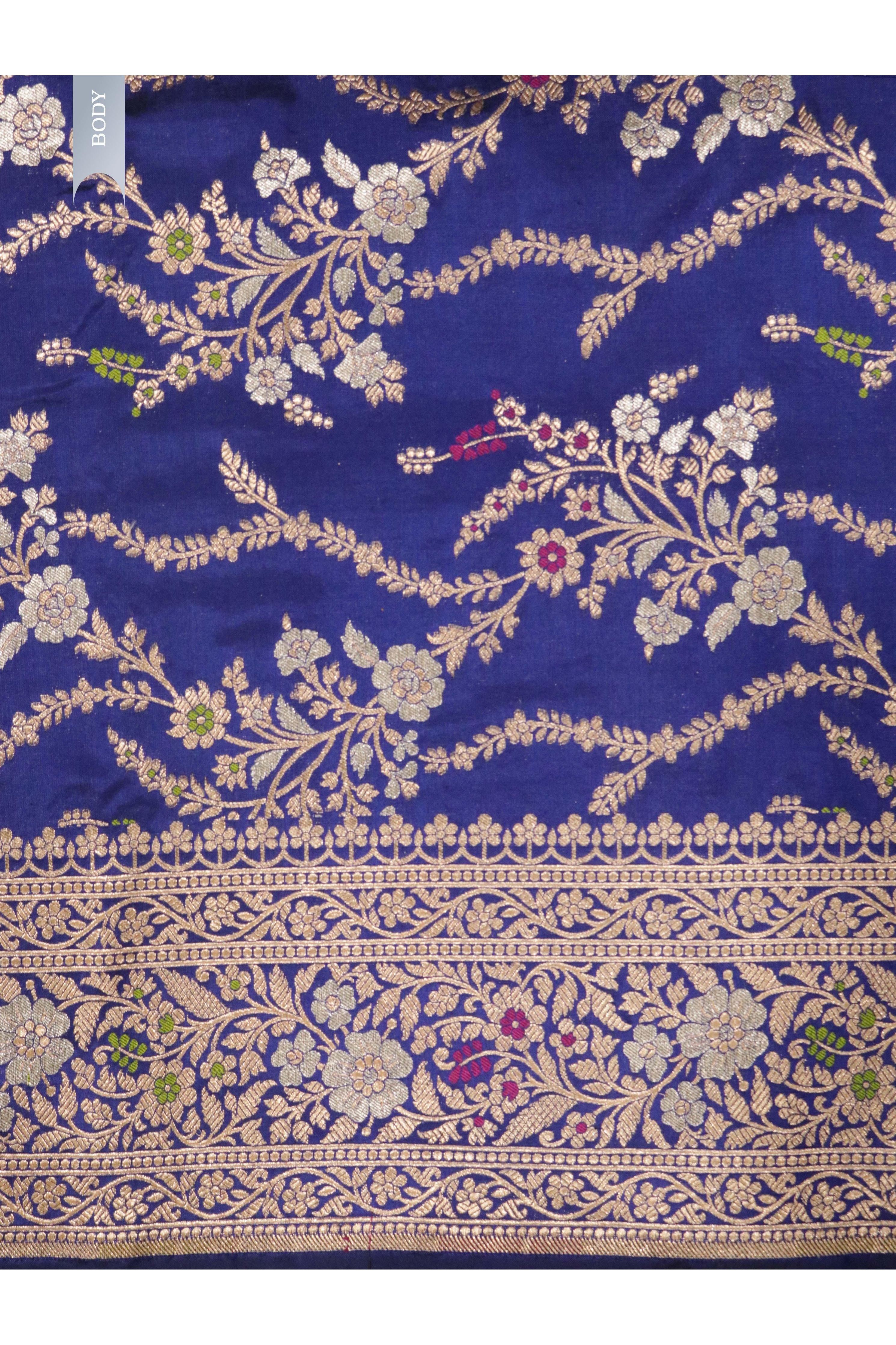 Ink Blue Banarasi Silk Saree with Zari Weaving & Meenakari Thread Work - Mokshaa