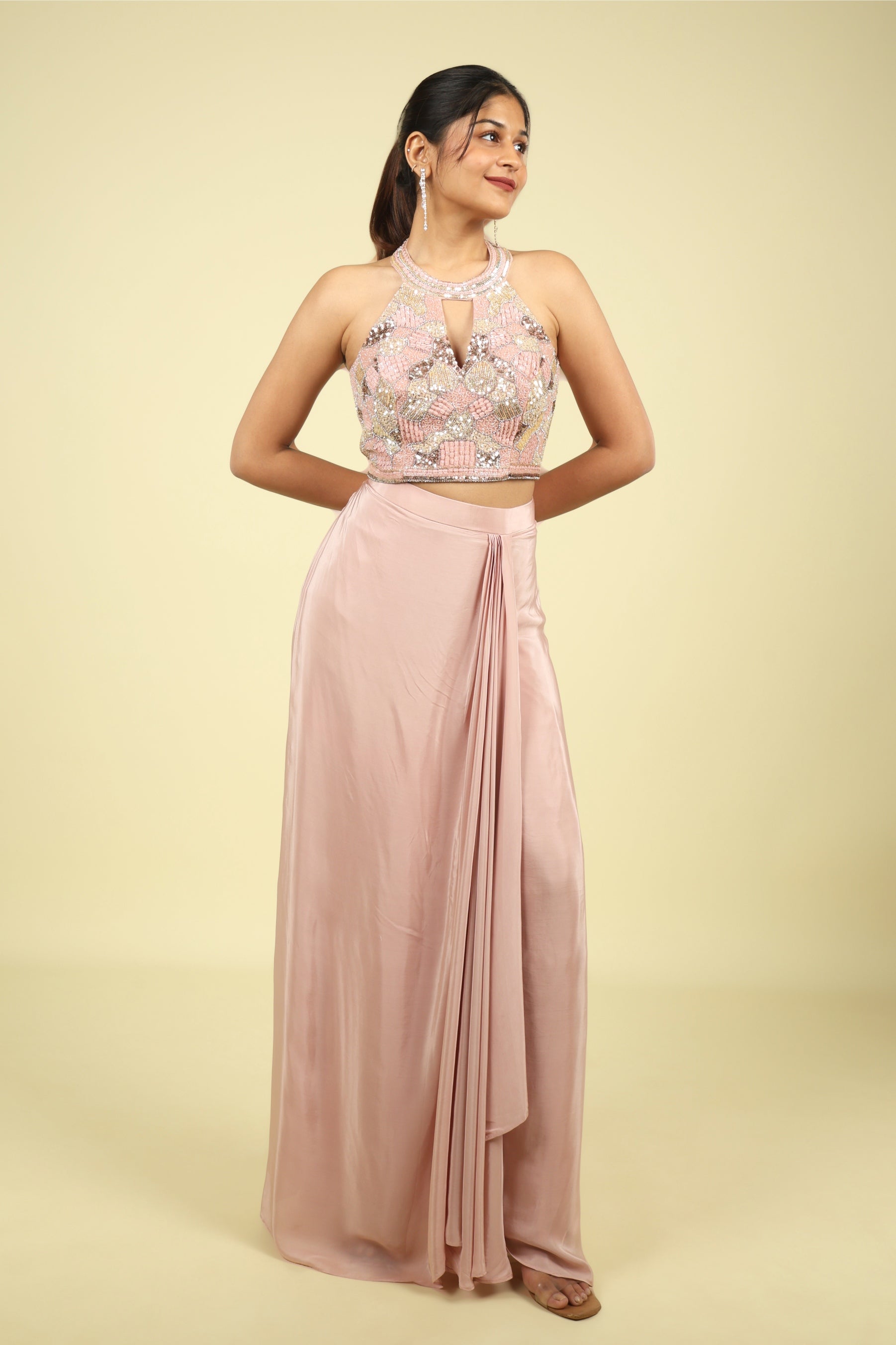 Blush Pink Halter Neck Embellished Drape Skirt Set