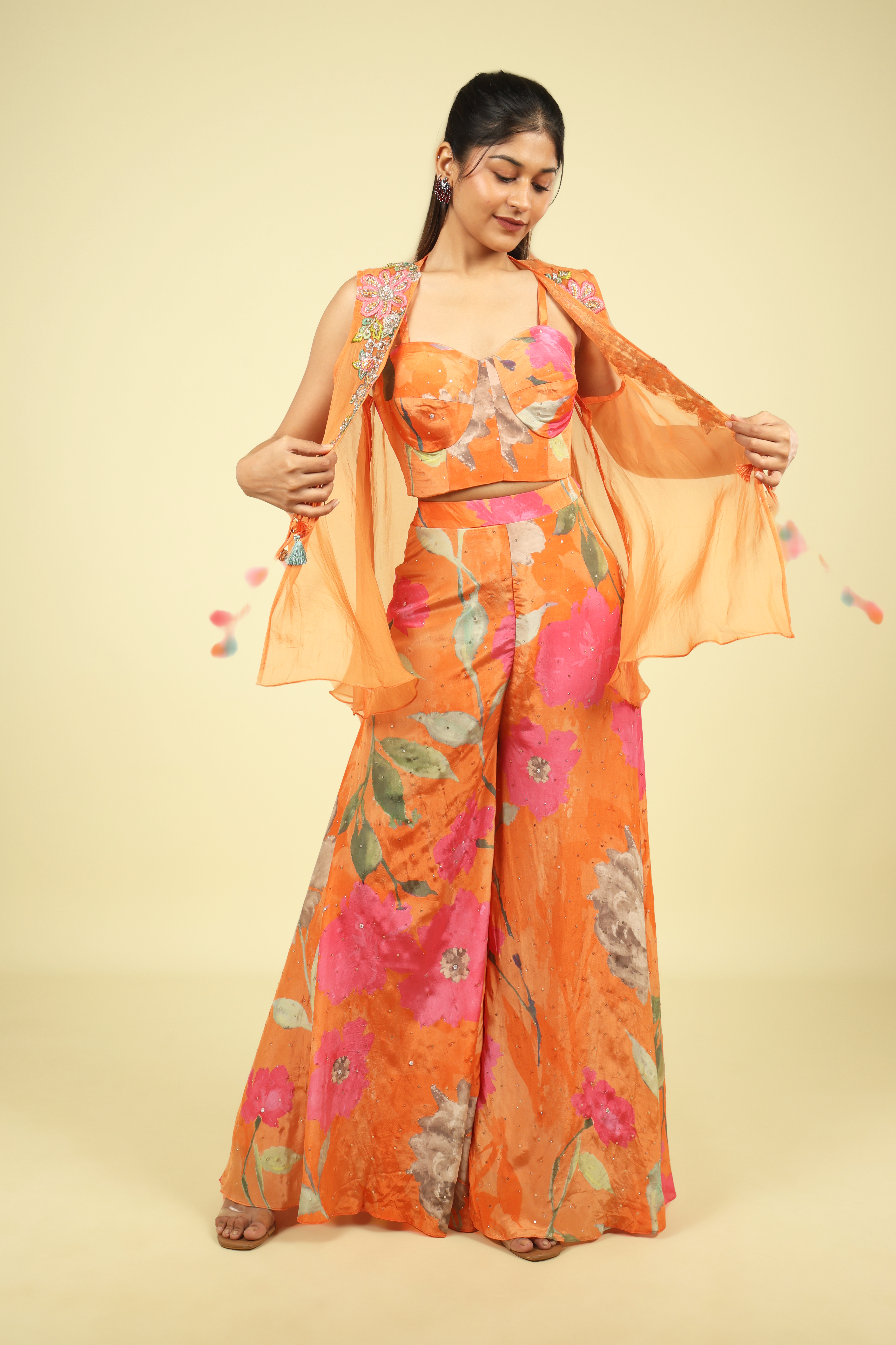 Orange Multi-Colour Printed Crepe Palazzo Set with Organza Jacket