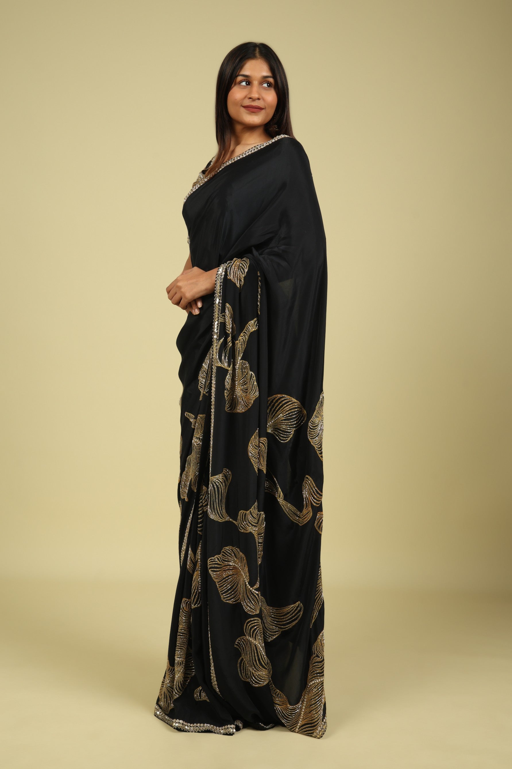 Black Satin Saree with Kardana & Sequin Fancy Work