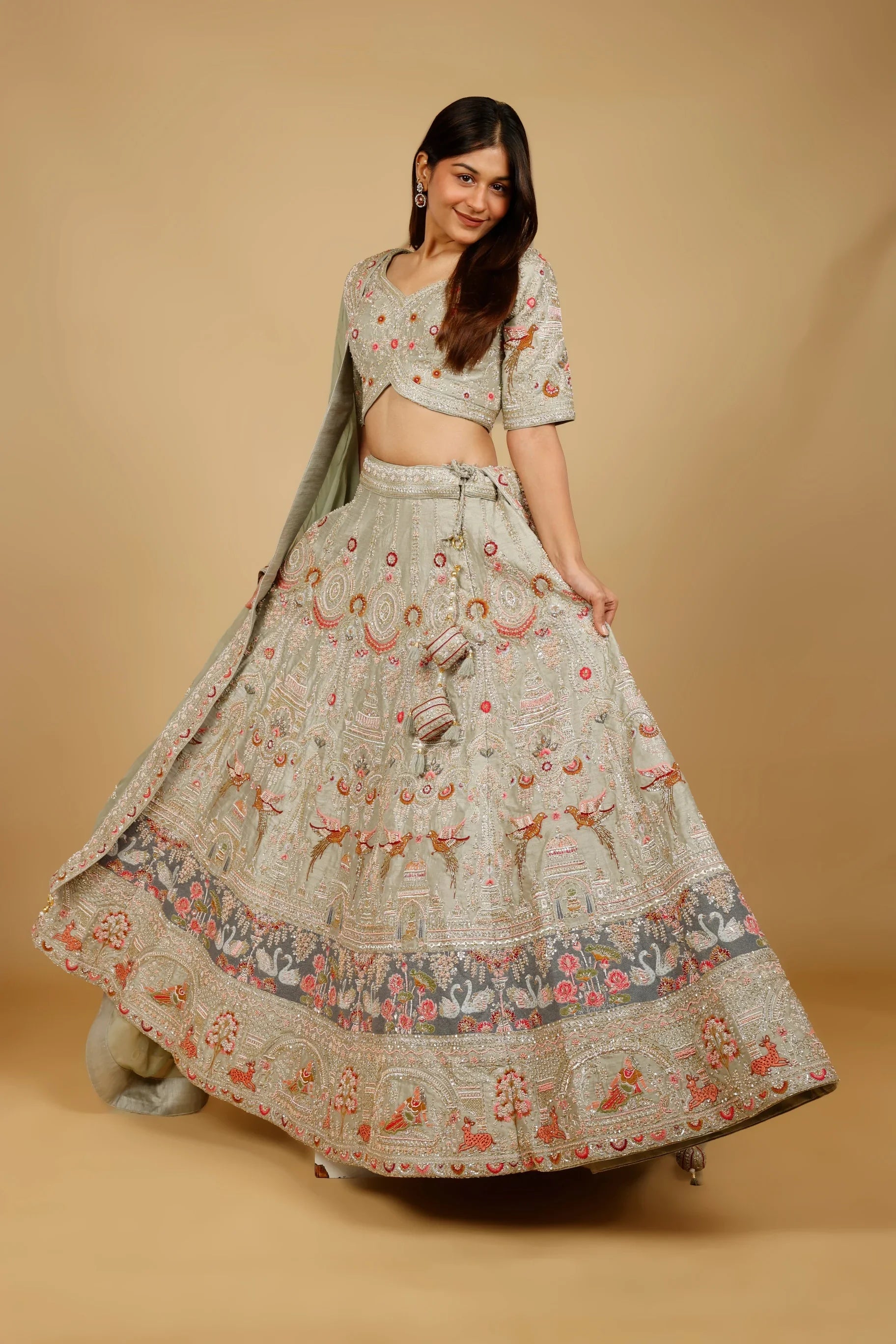 Sage Green Raw Silk Bridal Lehenga Set with Zardozi, Cutdana & Pearl Embroidery