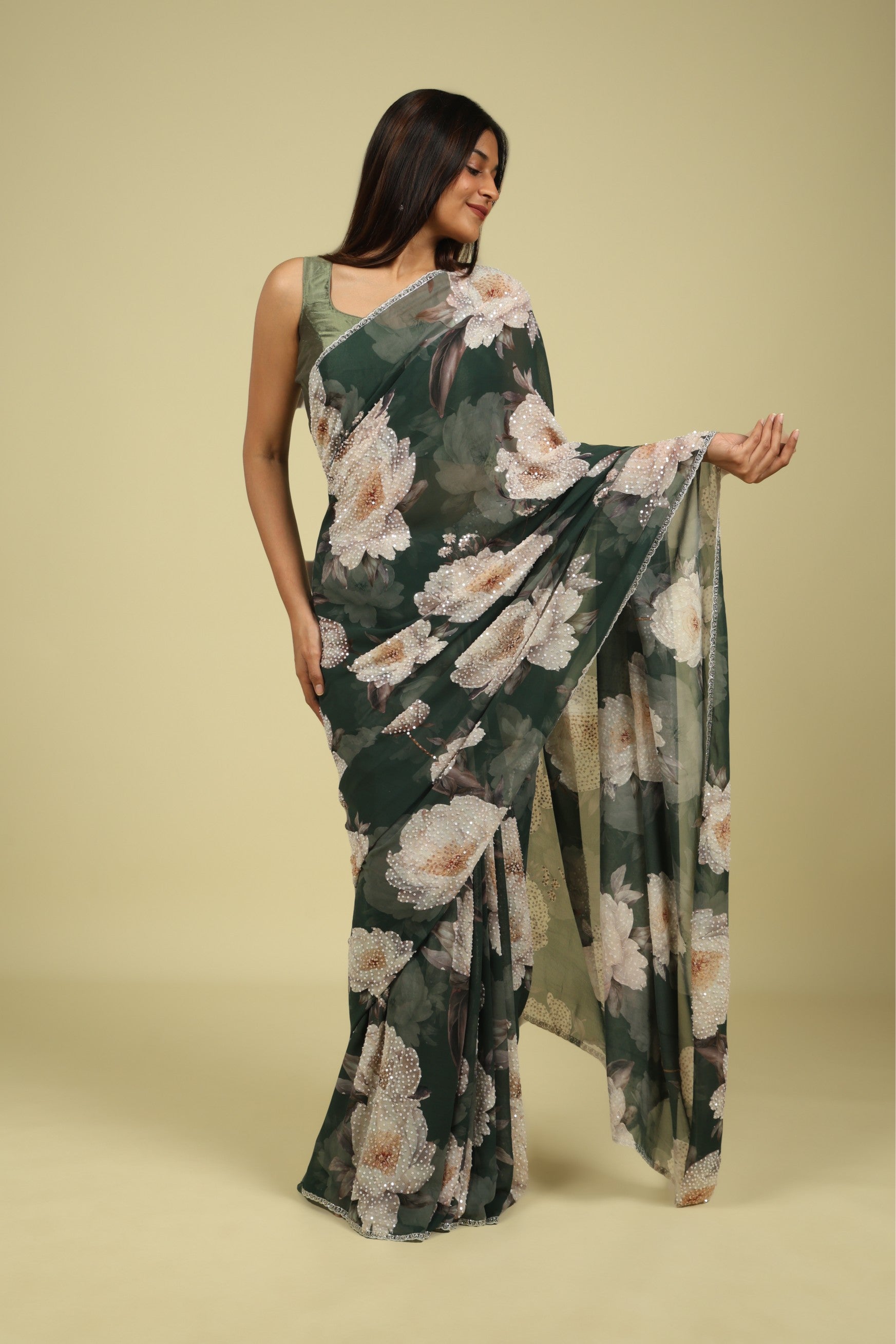 Dusty Green Saree with All-Over Digital Print & Sequin Highlights