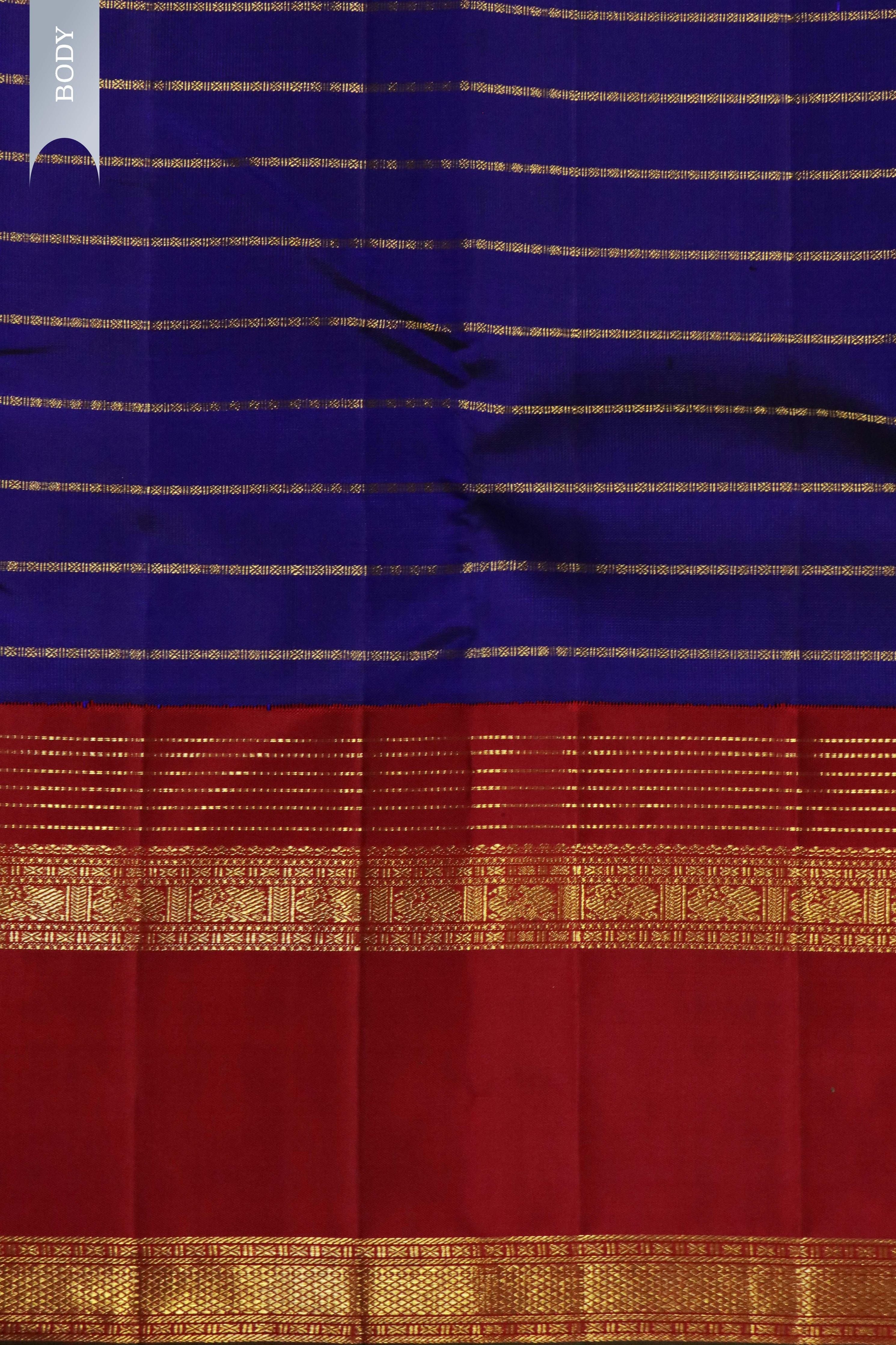 Royal Blue Kanchipuram Silk Saree with Zari Stripes and Contrast Border - Mokshaa