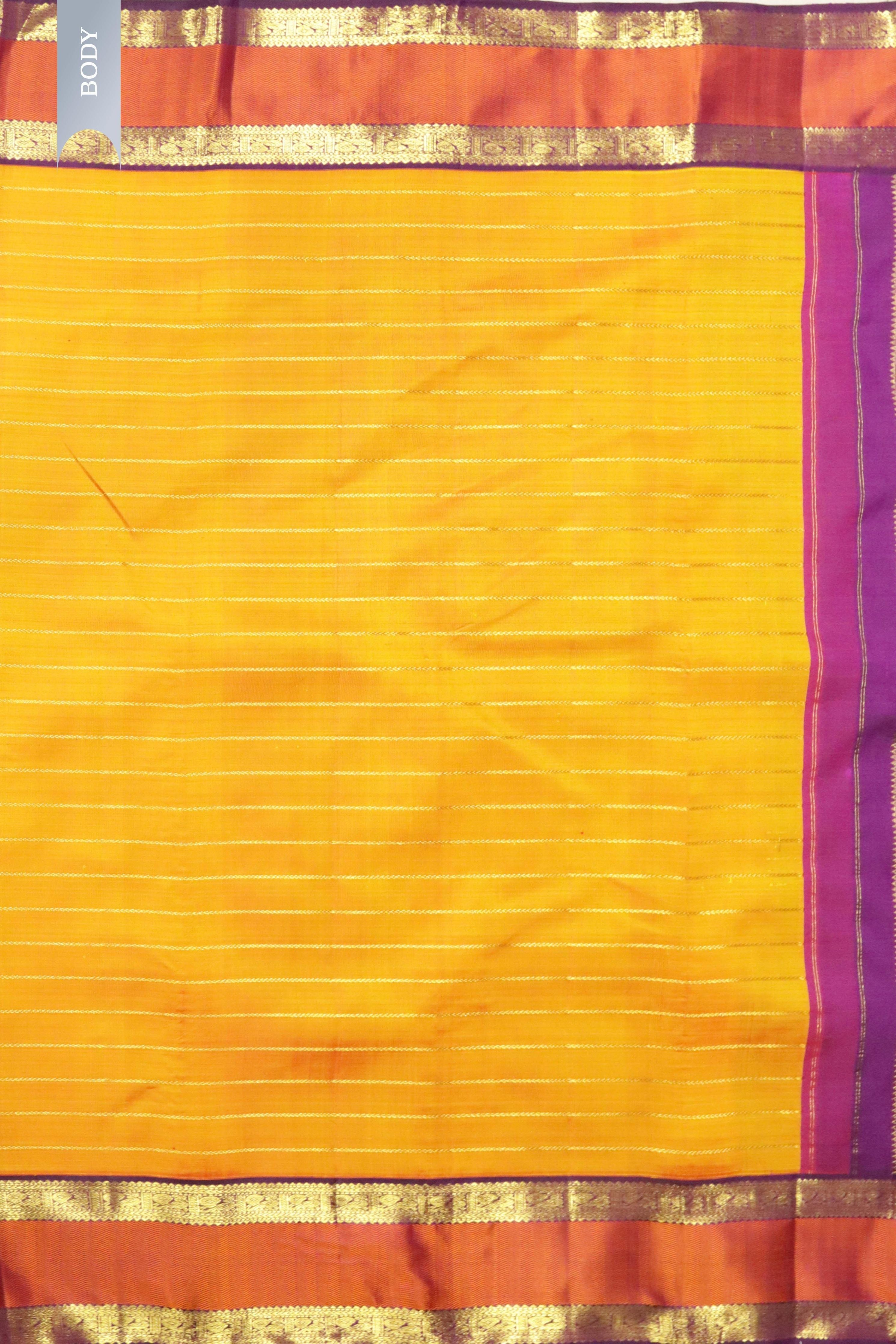 Orange Kanchipuram Silk Saree with Zari Horizontal Lines & Thread Weaving Border - Mokshaa