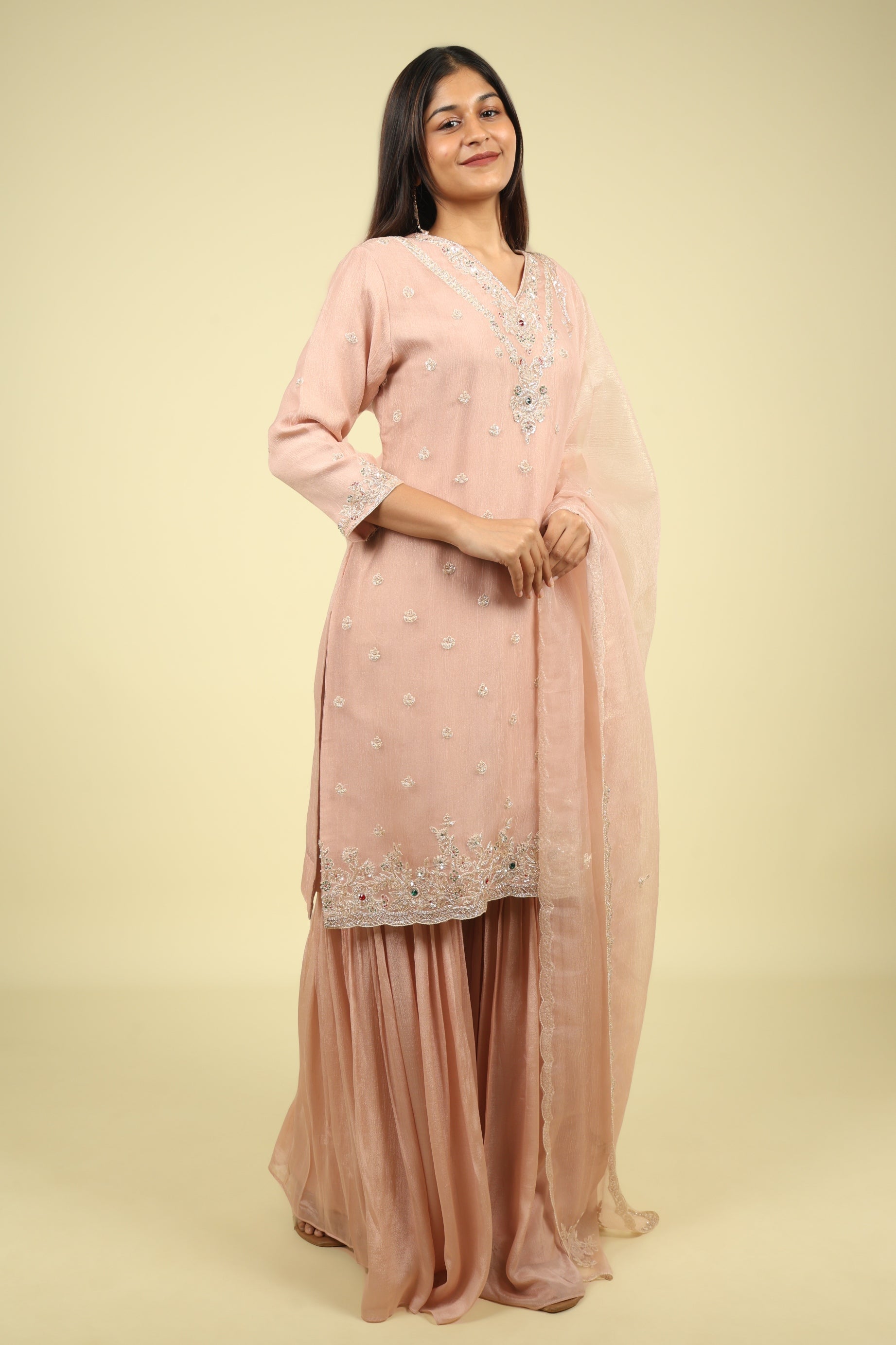 Blush Pink Crush Tissue Sharara Set with Pearl & Kutdana Embroidery