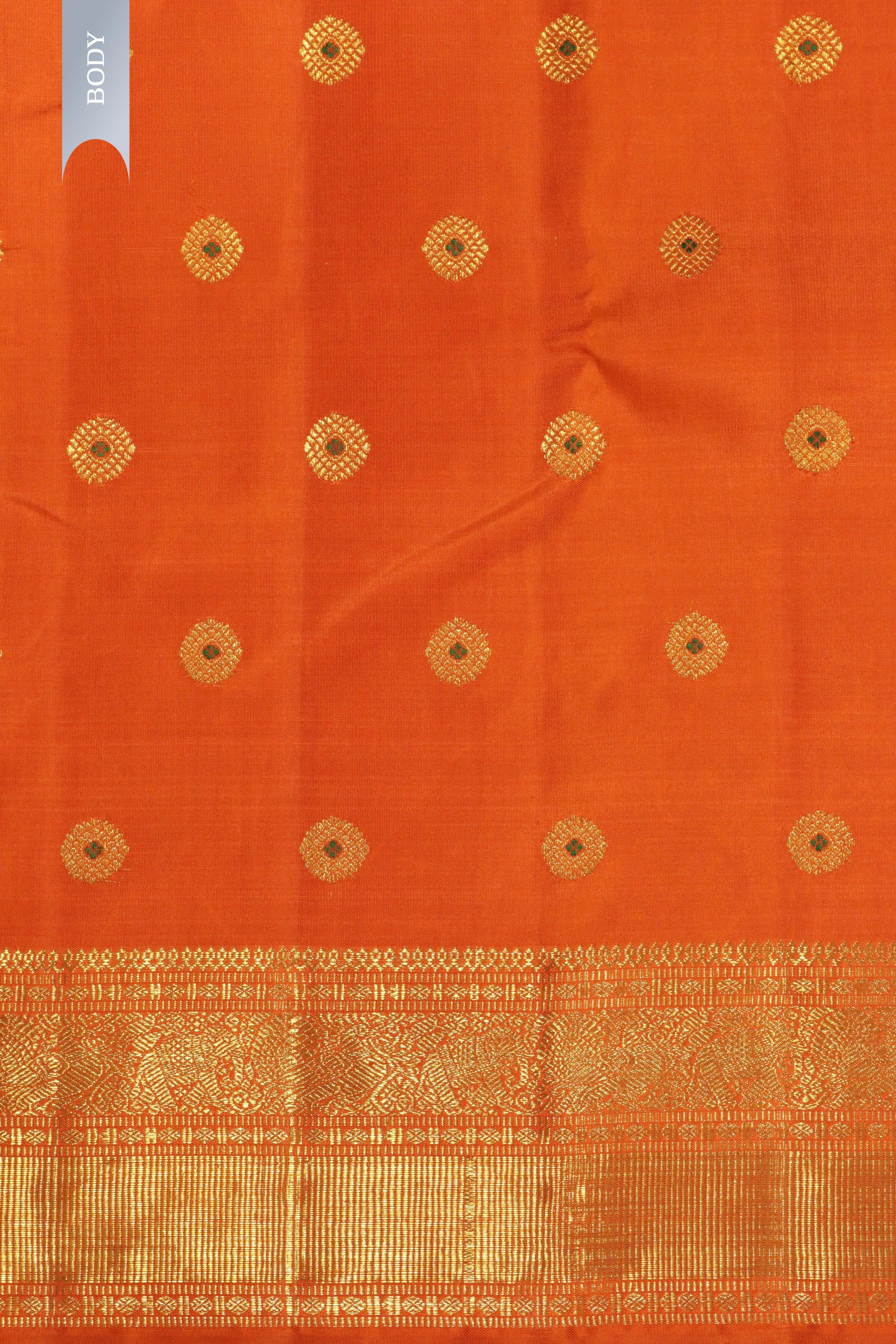 Orange Kanchipuram Silk Saree with All-Over Motifs and Zari Border - Mokshaa
