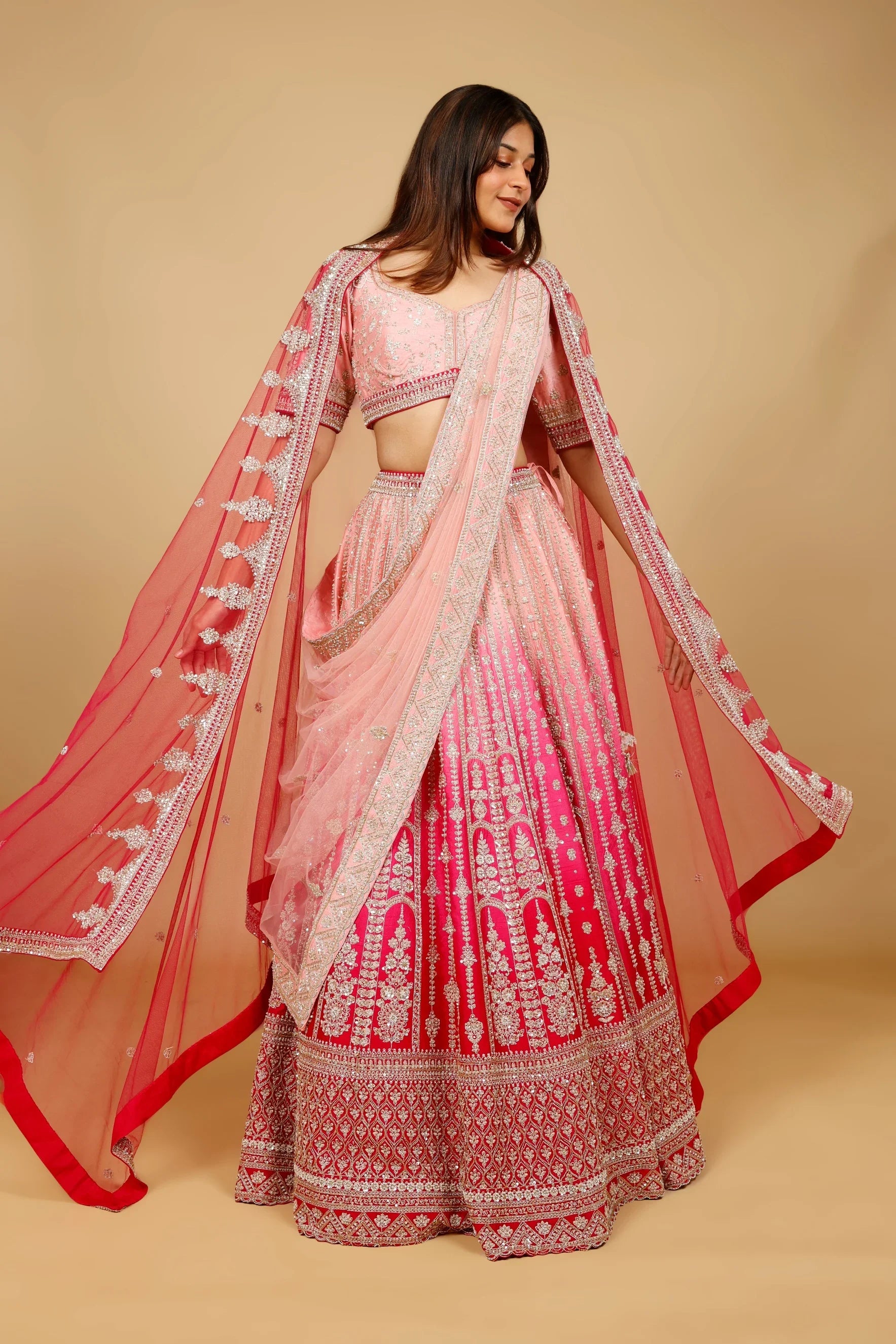 Pink Ombre Raw Silk Bridal Lehenga Set with Zari, Sequin & Zardozi Embroidery