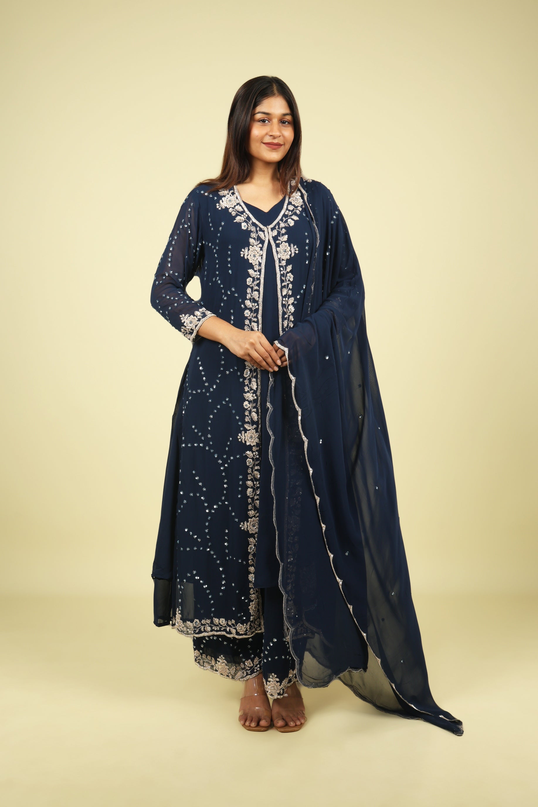 Navy Blue Georgette Anarkali Set with Cape & Dupatta