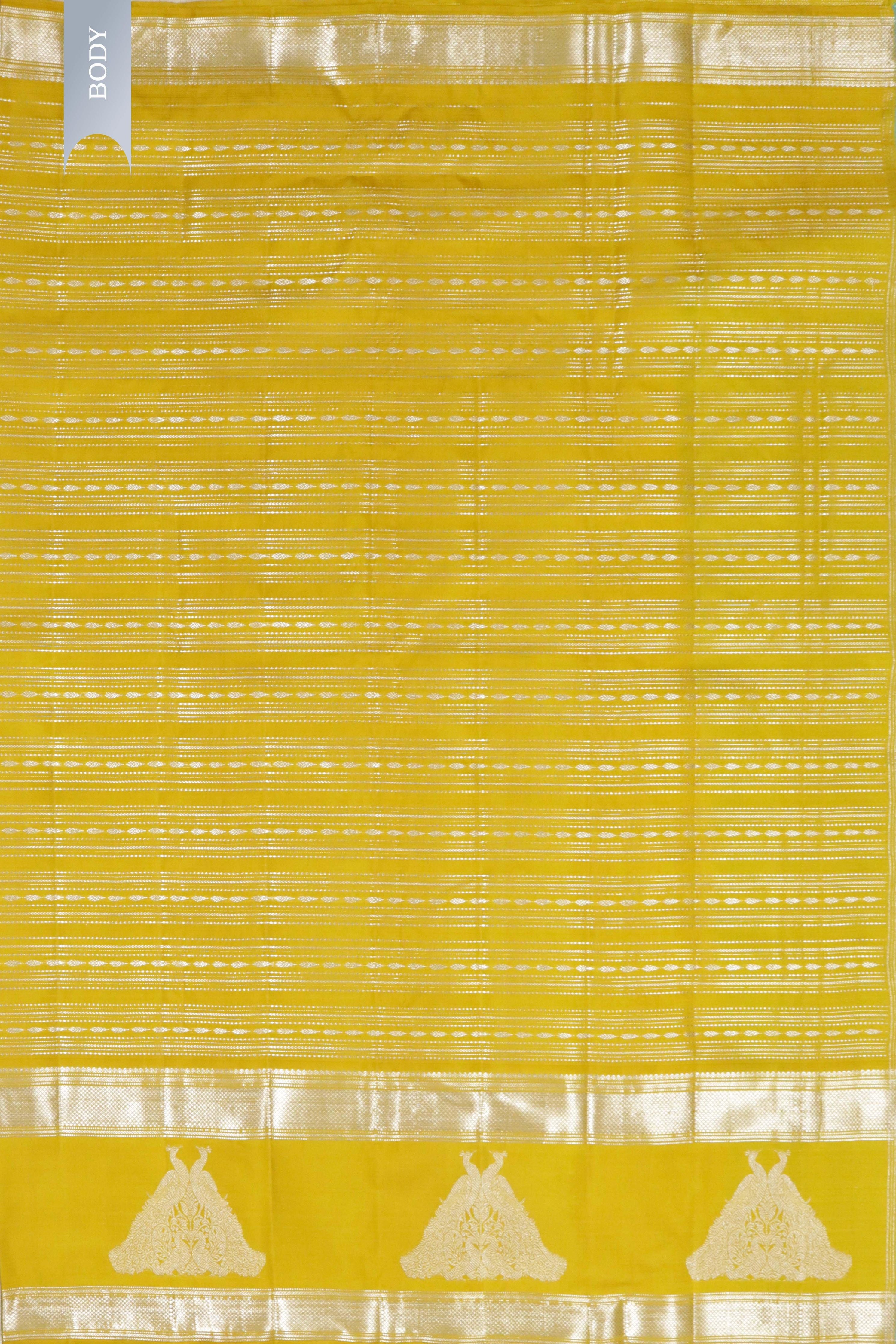 Yellow Kanchipuram Silk Saree with Silver Zari Horizontal Weaving Lines and Fancy Border - Mokshaa