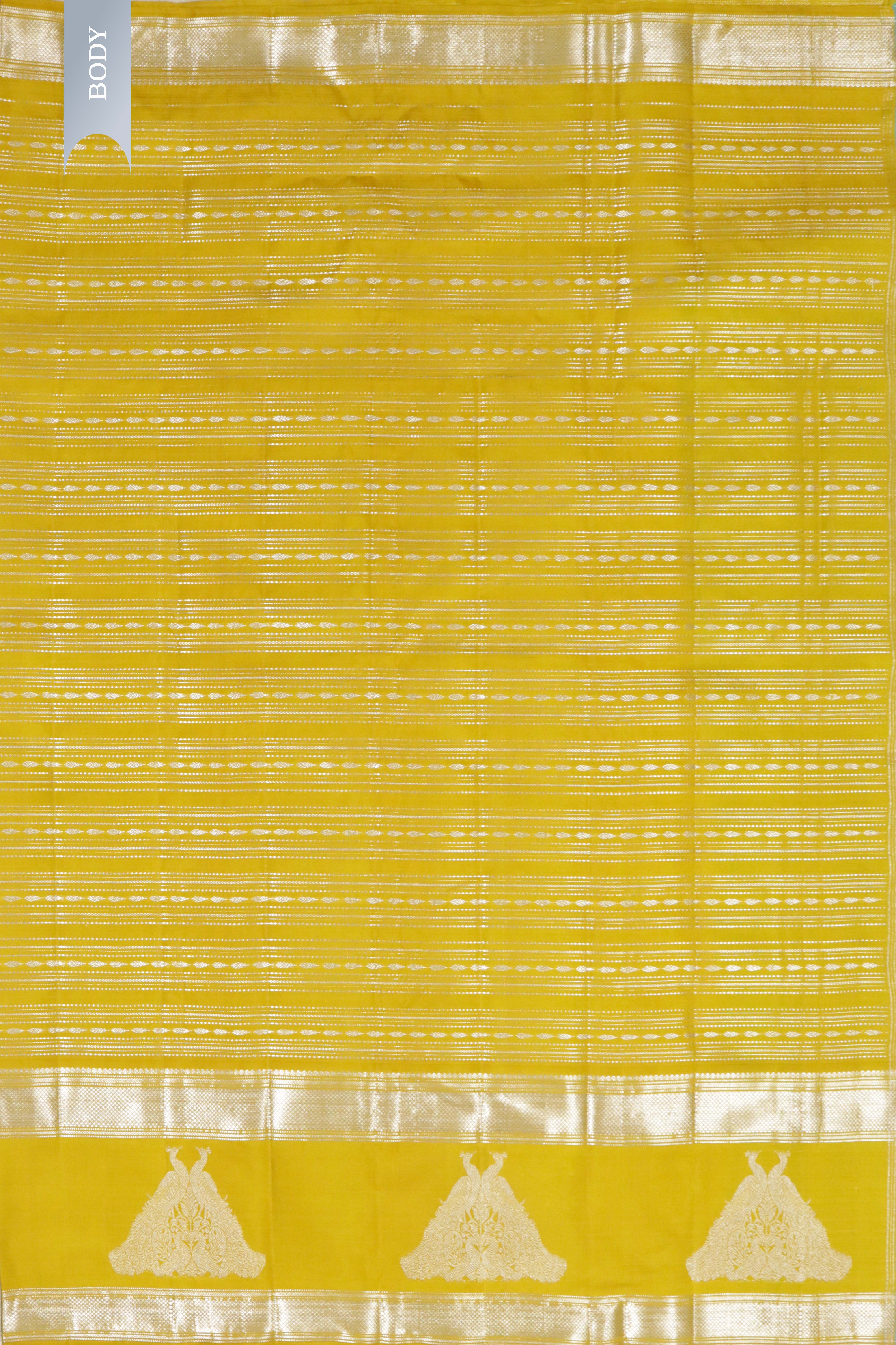 Yellow Kanchipuram Silk Saree with Silver Zari Horizontal Weaving Lines and Fancy Border