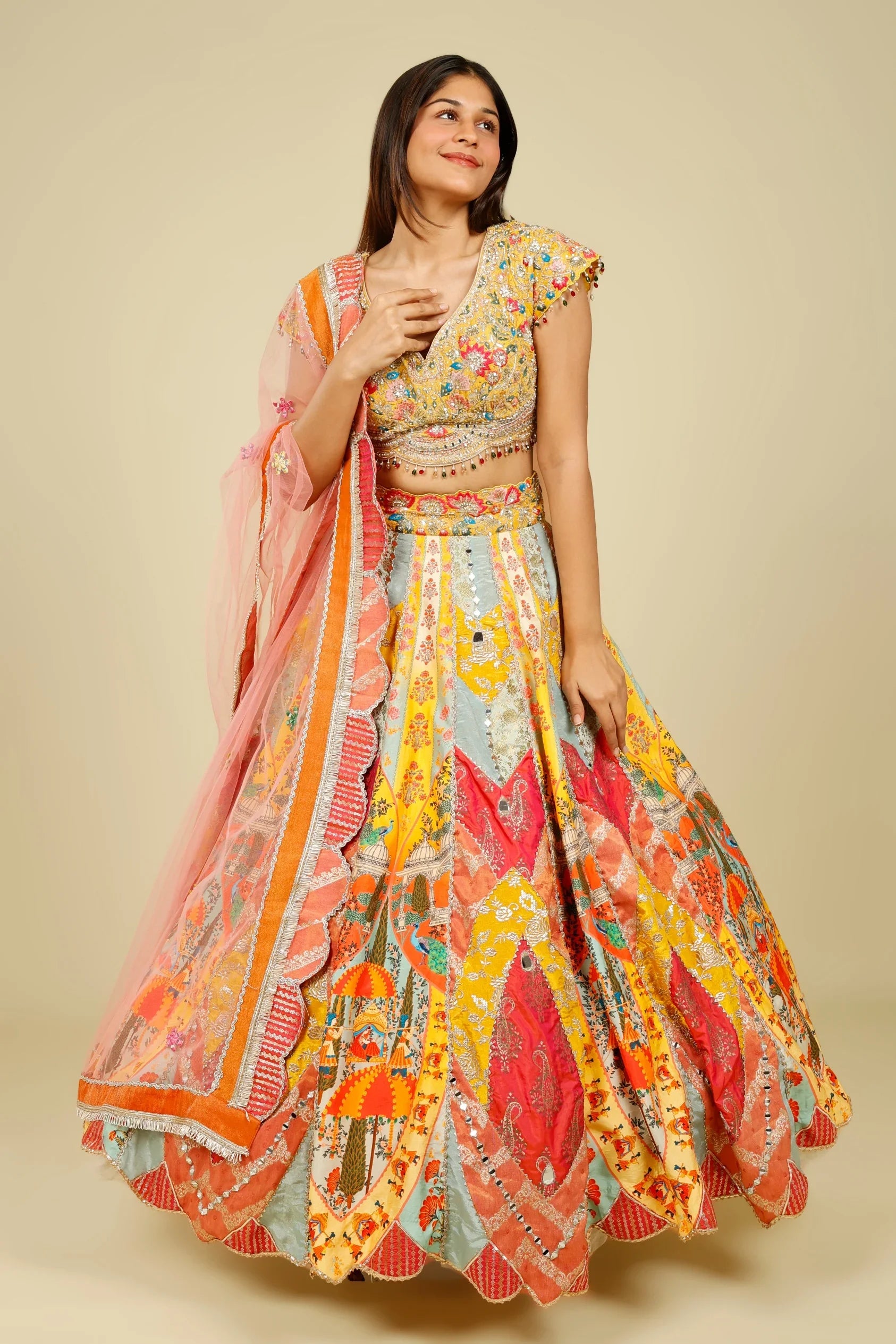 Multicolour Printed Silk Patchwork Lehenga Set with Mirror & Zari Embroidery | Mokshaa