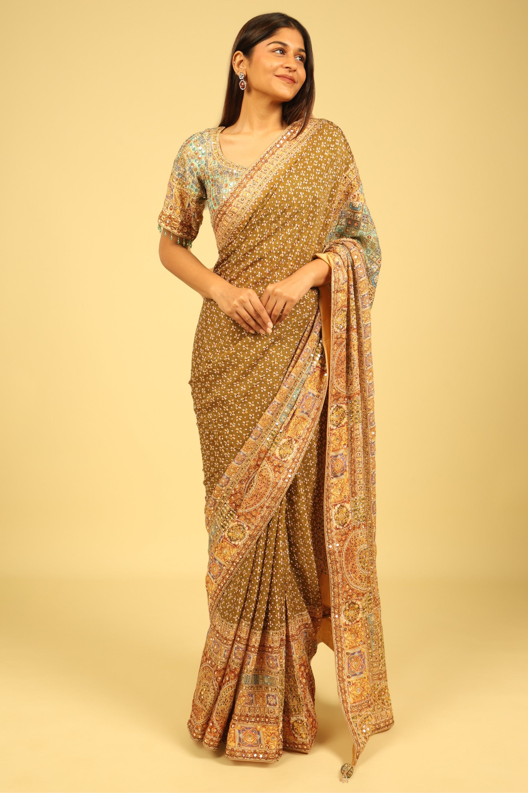 Dusty Green Soft Georgette Saree with Multicolour Digital Print, Sequin & Mirror Highlights