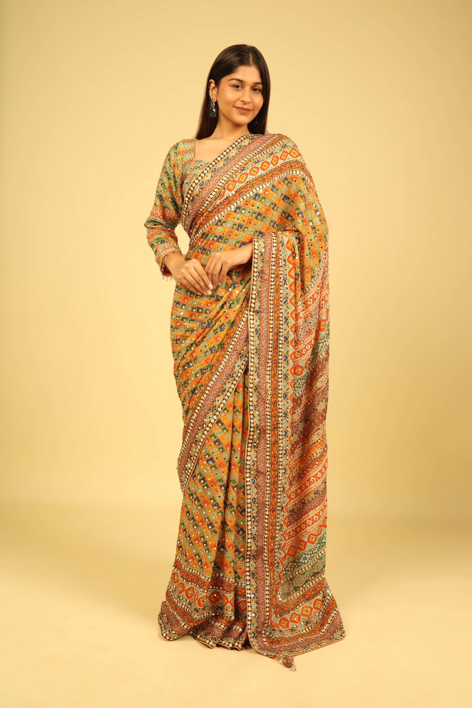 Multicolour Soft Georgette Saree with Digital Print, Sequin & Mirror Highlights