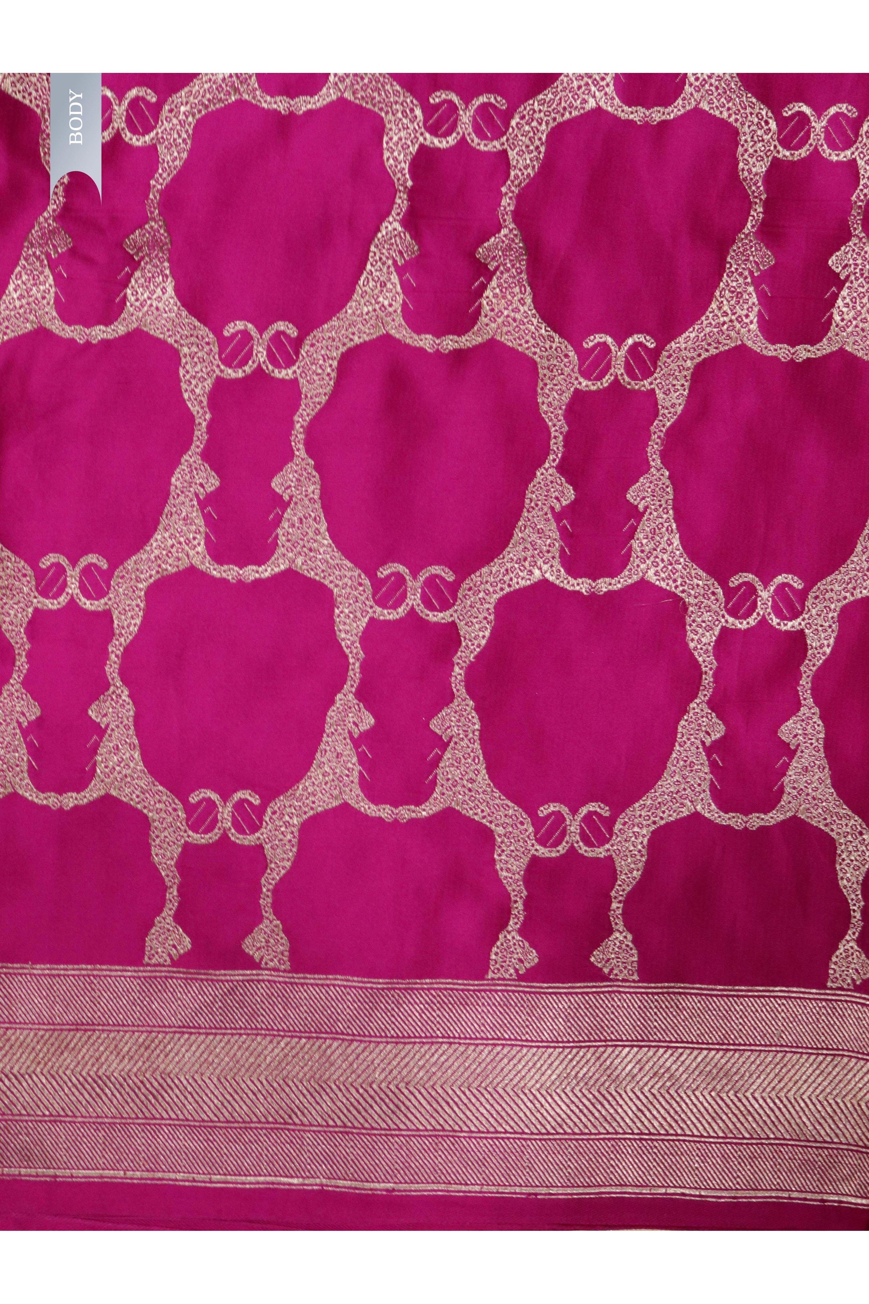 Rani Pink Banarasi Mushroom Silk Saree with Silver Zari Tiger Jaal - Mokshaa